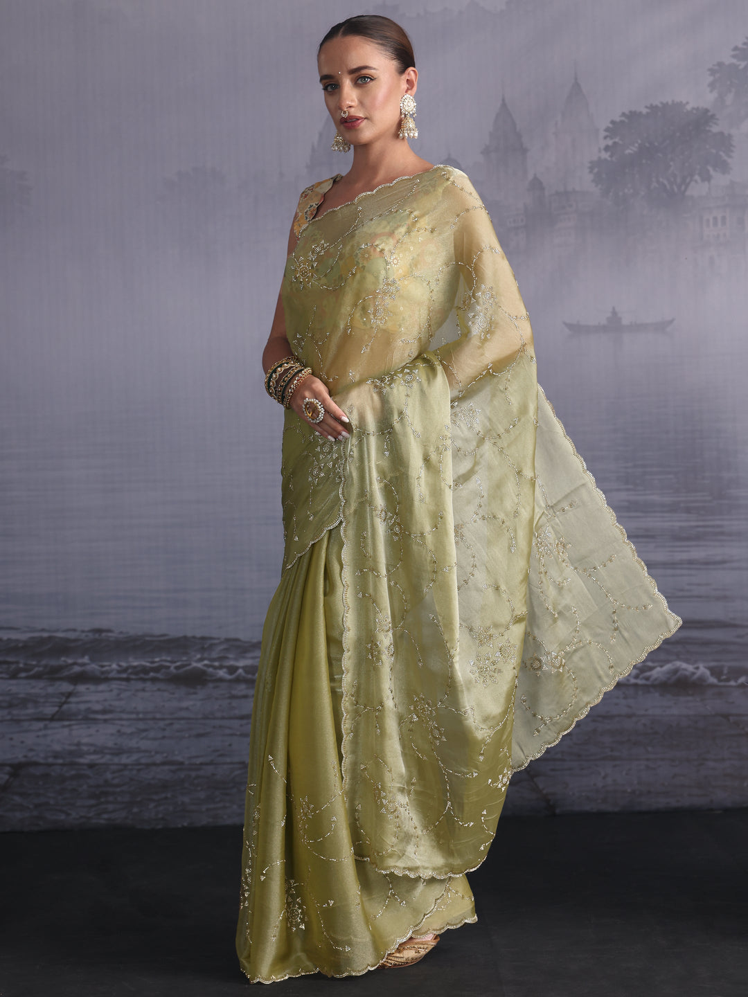  Libas Green Stone Work Embellished Tissue Saree with Scalloped Border 