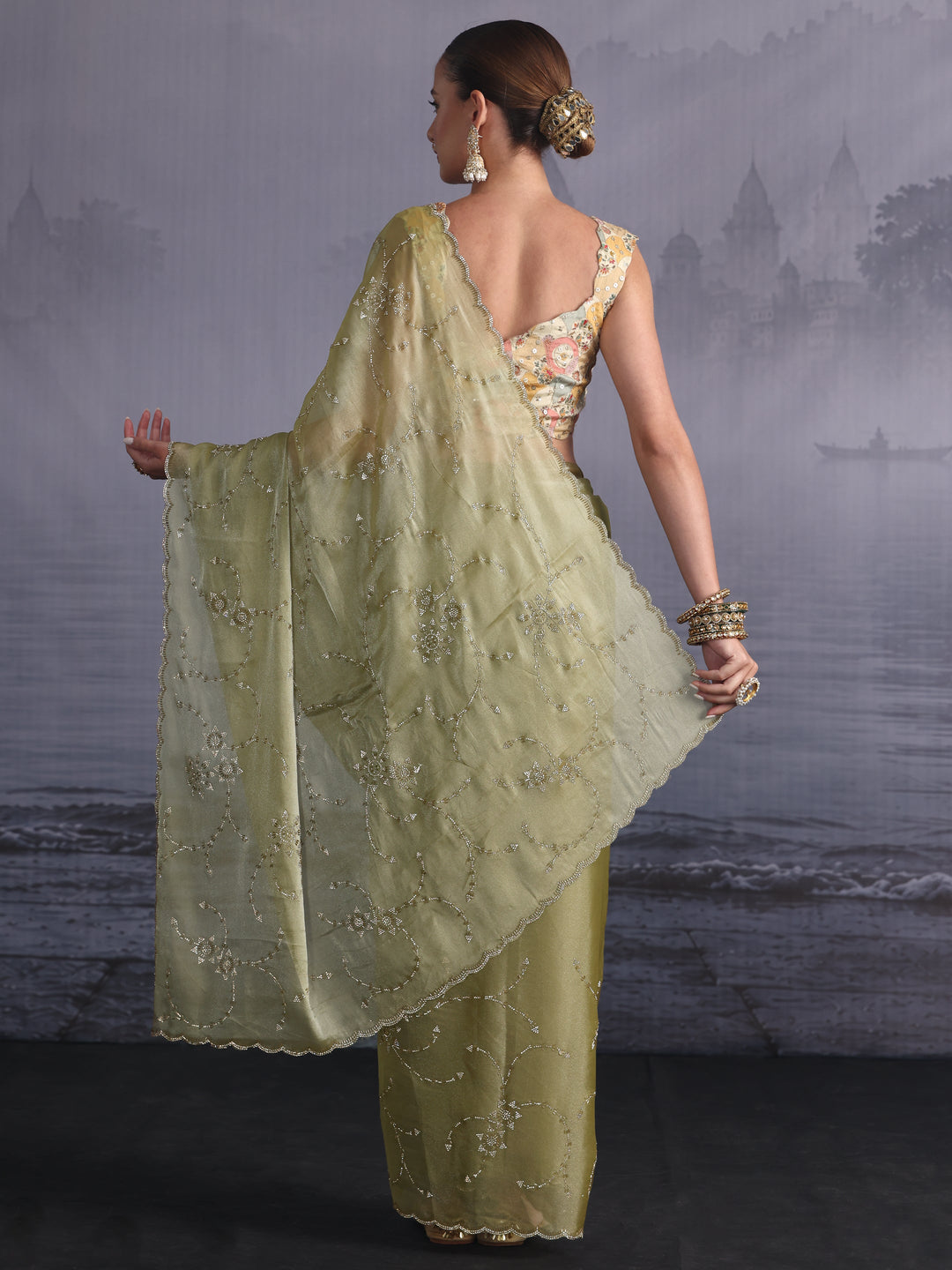  Libas Green Stone Work Embellished Tissue Saree with Scalloped Border 
