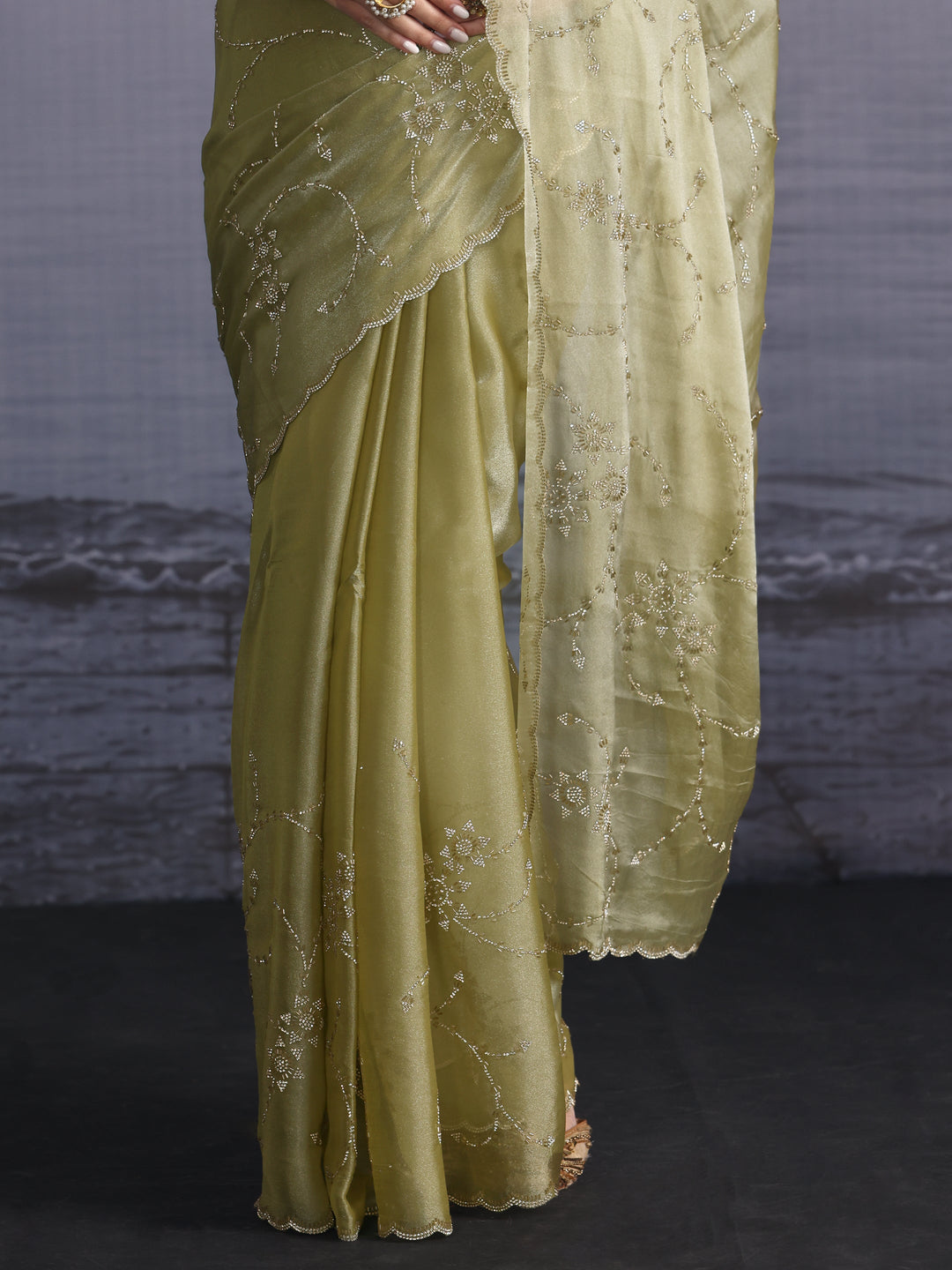 Libas Green Stone Work Embellished Tissue Saree with Scalloped Border 