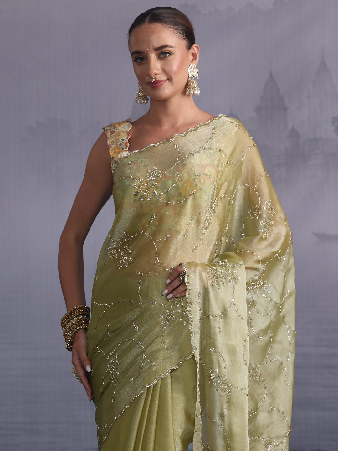  Libas Green Stone Work Embellished Tissue Saree with Scalloped Border 