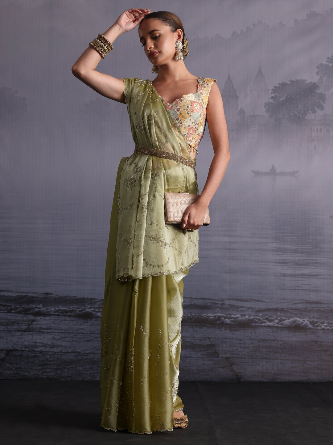  Libas Green Stone Work Embellished Tissue Saree with Scalloped Border 