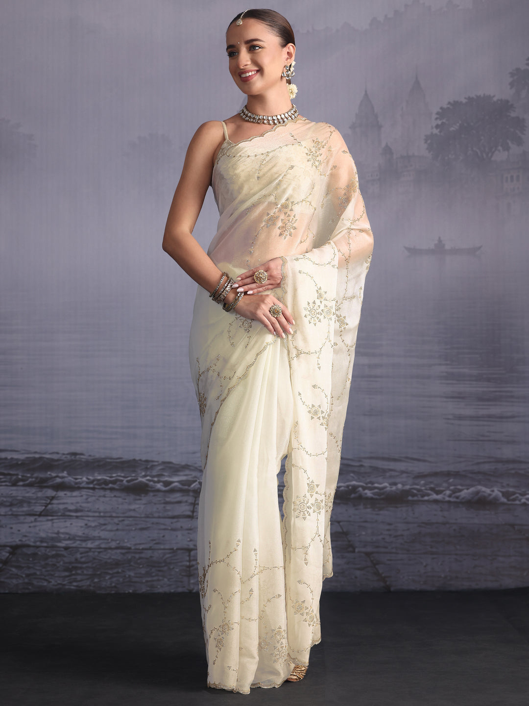  Libas Cream Stone Work Embellished Tissue Saree with Scalloped Border 