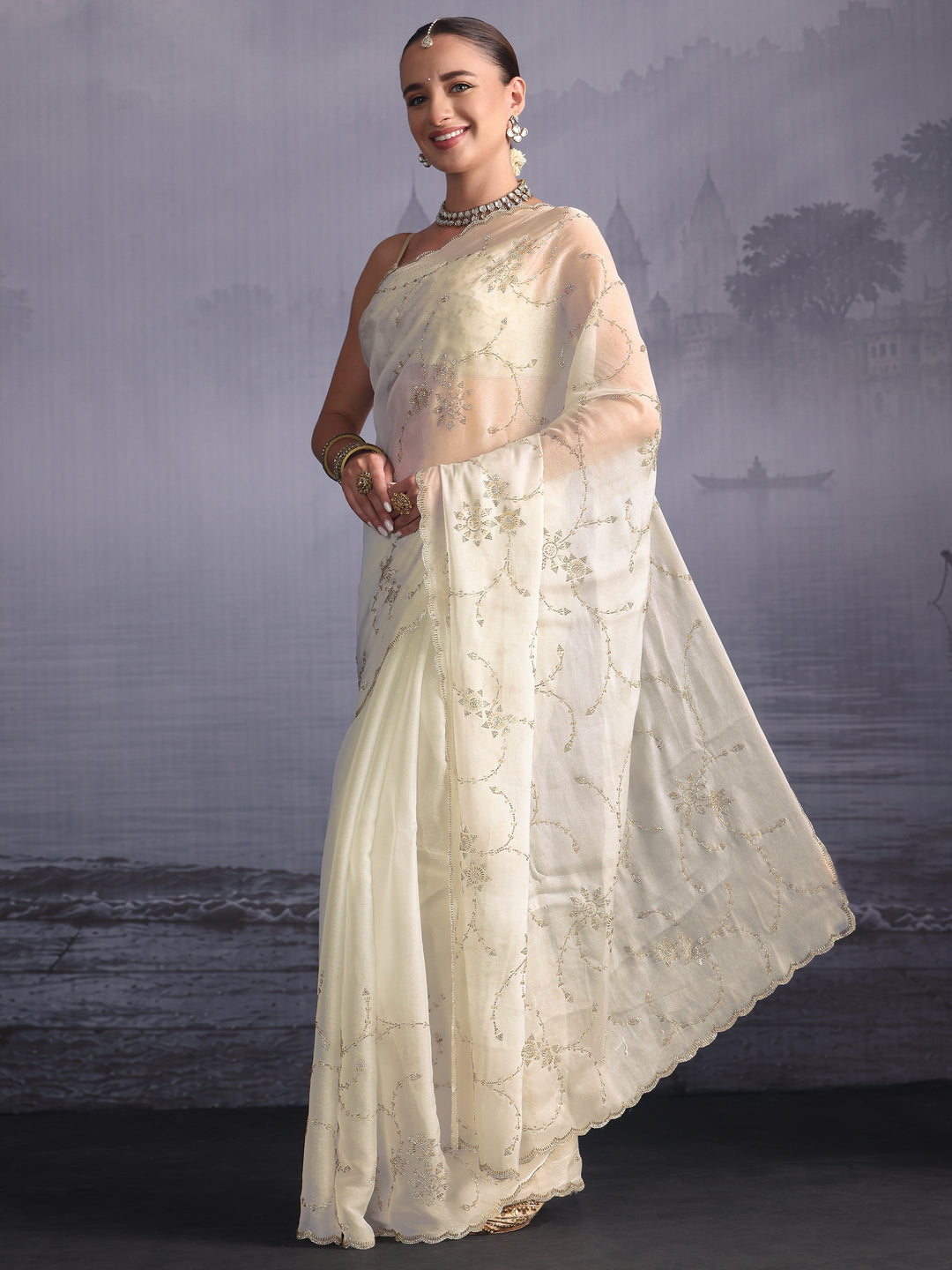  Libas Cream Stone Work Embellished Tissue Saree with Scalloped Border 