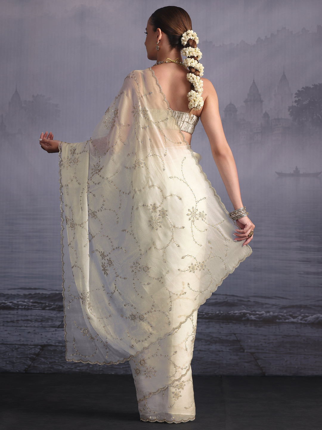  Libas Cream Stone Work Embellished Tissue Saree with Scalloped Border 