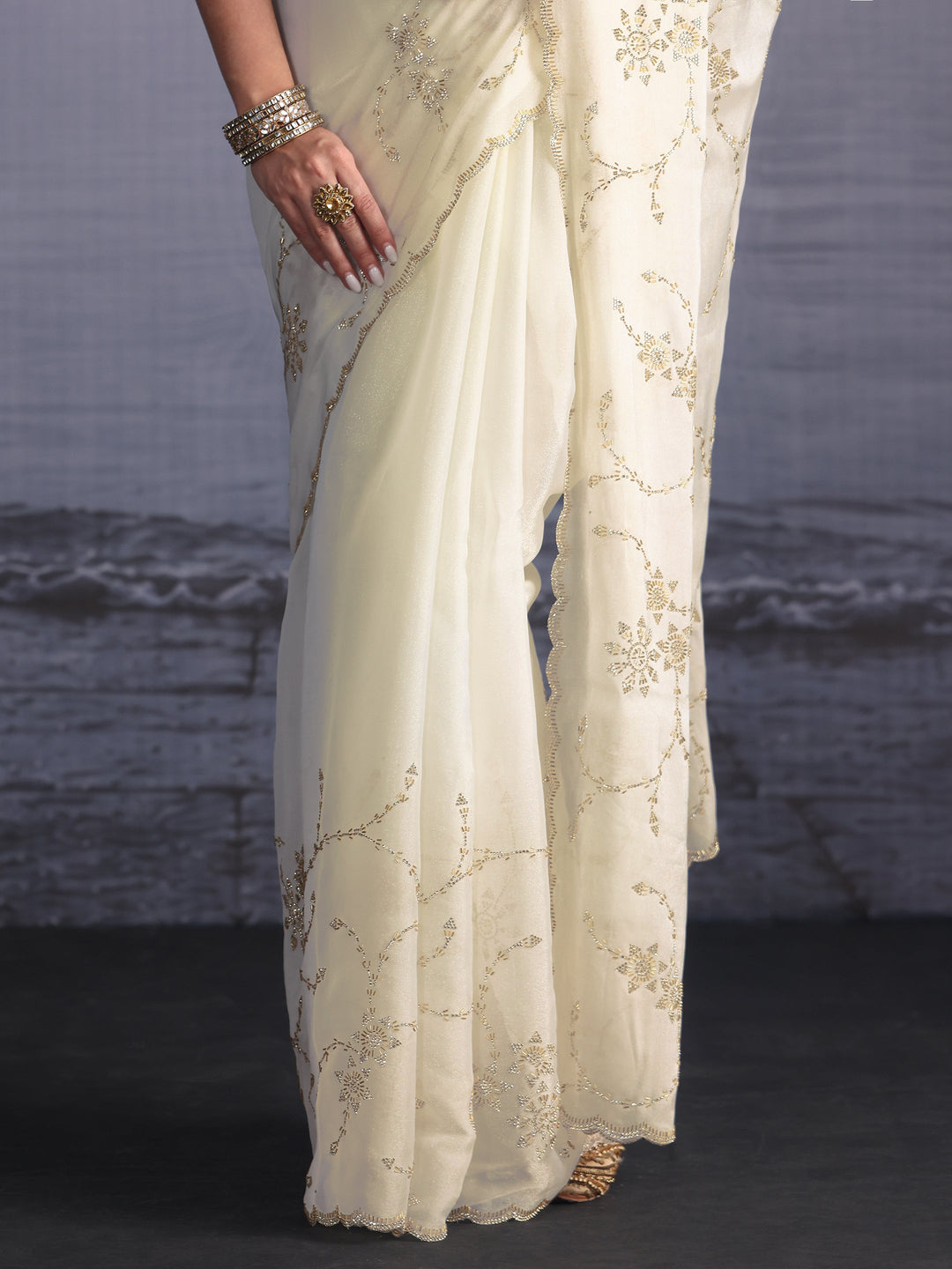  Libas Cream Stone Work Embellished Tissue Saree with Scalloped Border 