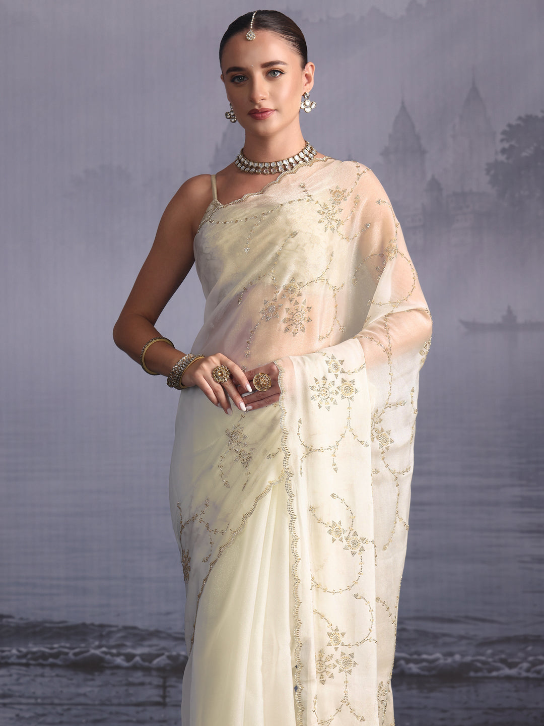  Libas Cream Stone Work Embellished Tissue Saree with Scalloped Border 