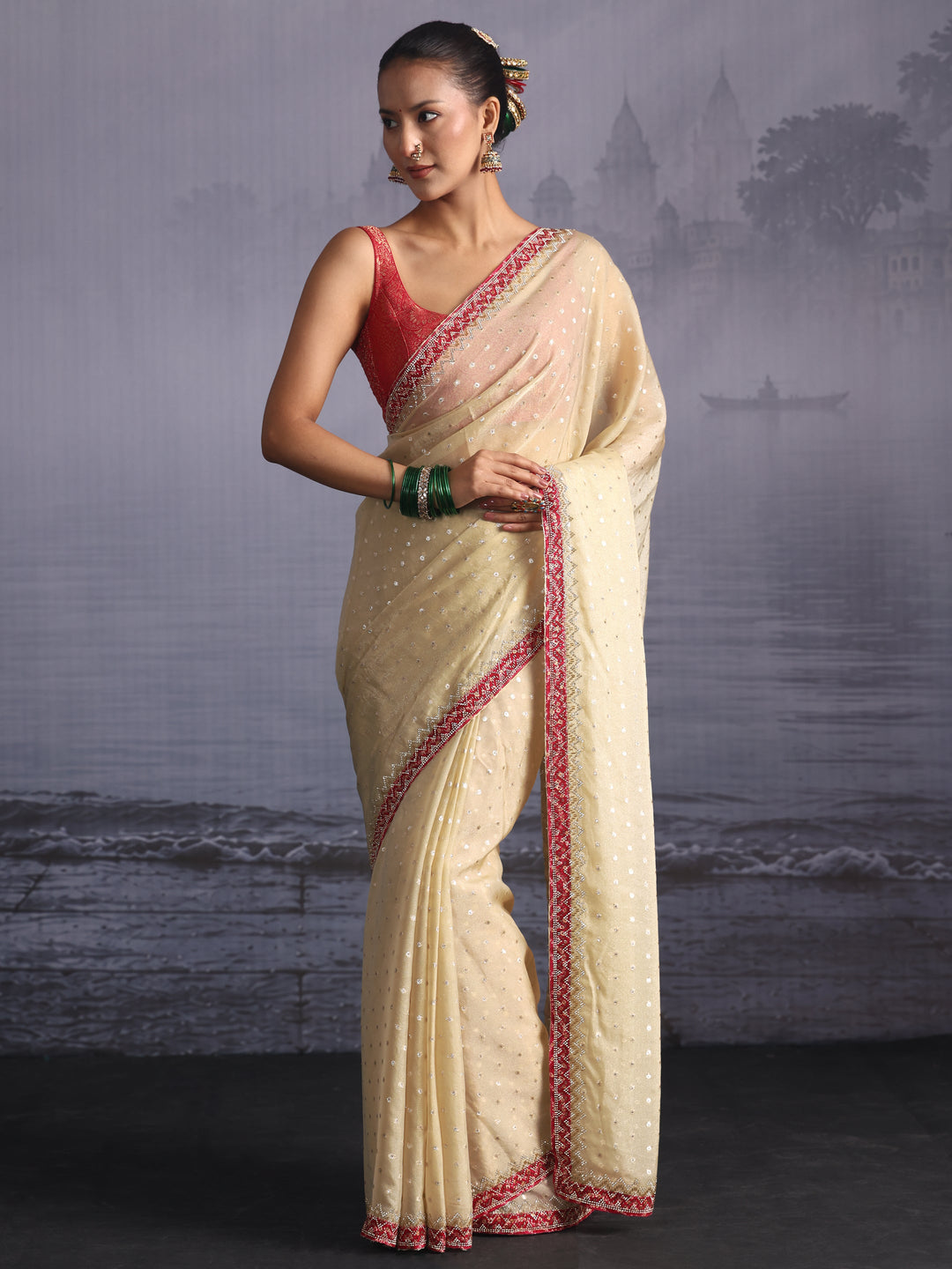  Libas Green and Pink Woven Design Tissue Saree with Embellished Border 