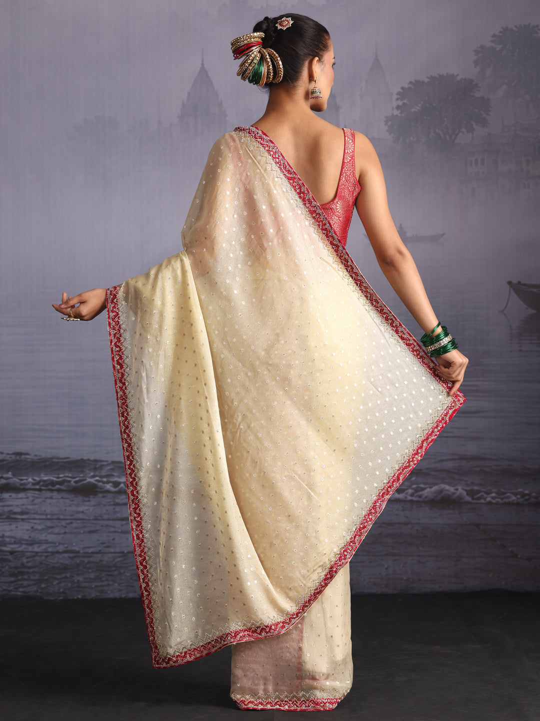 Libas Green and Pink Woven Design Tissue Saree with Embellished Border 
