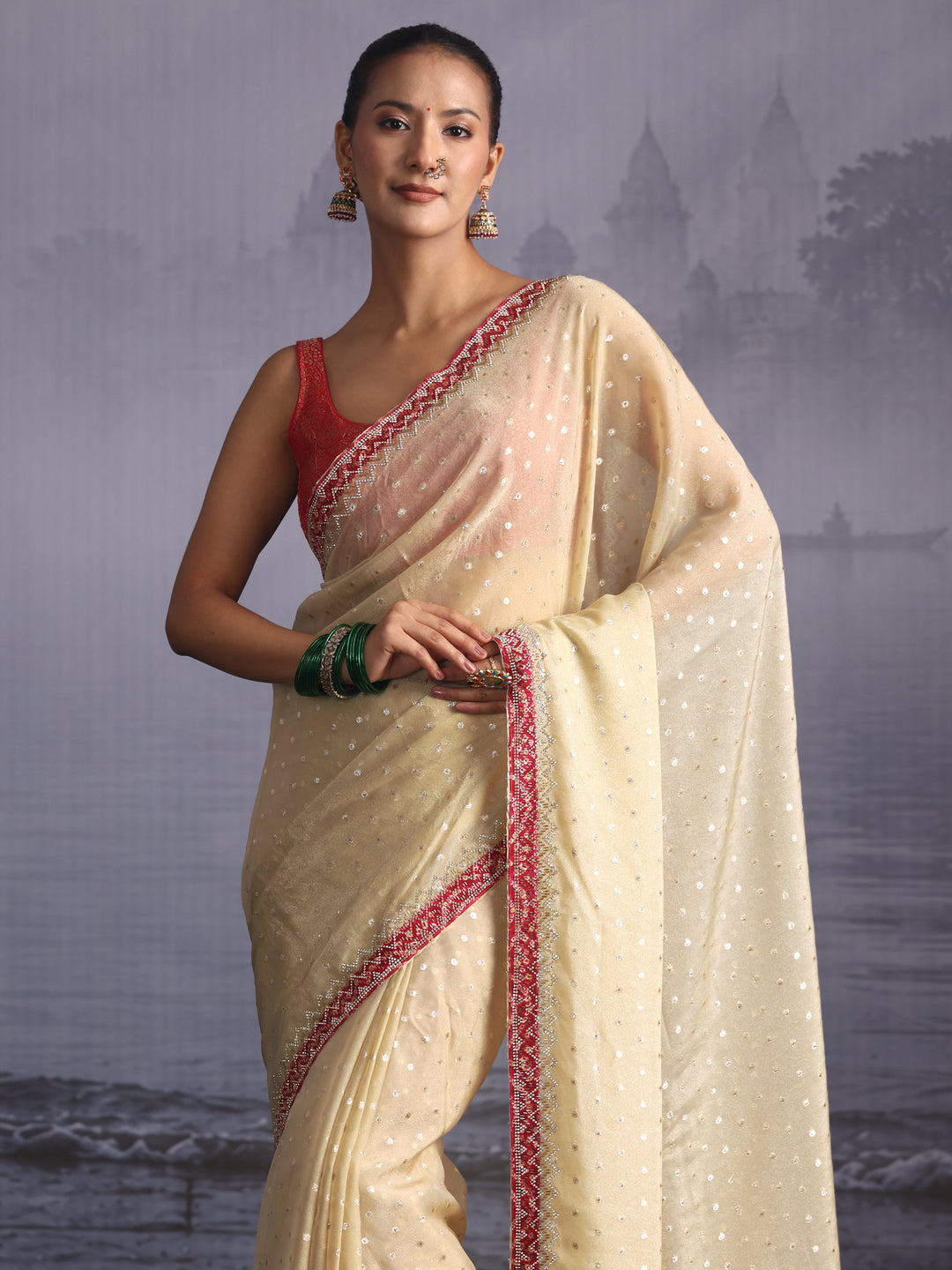  Libas Green and Pink Woven Design Tissue Saree with Embellished Border 