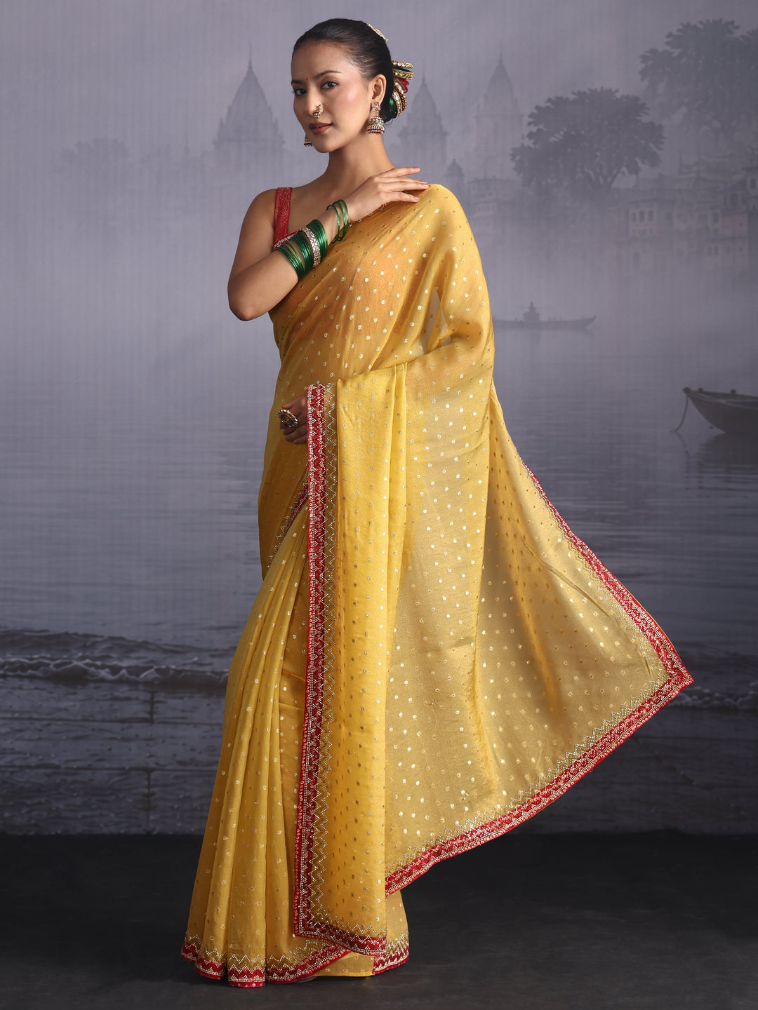  Libas Mustard and Pink Woven Design Tissue Saree with Embellished Border 