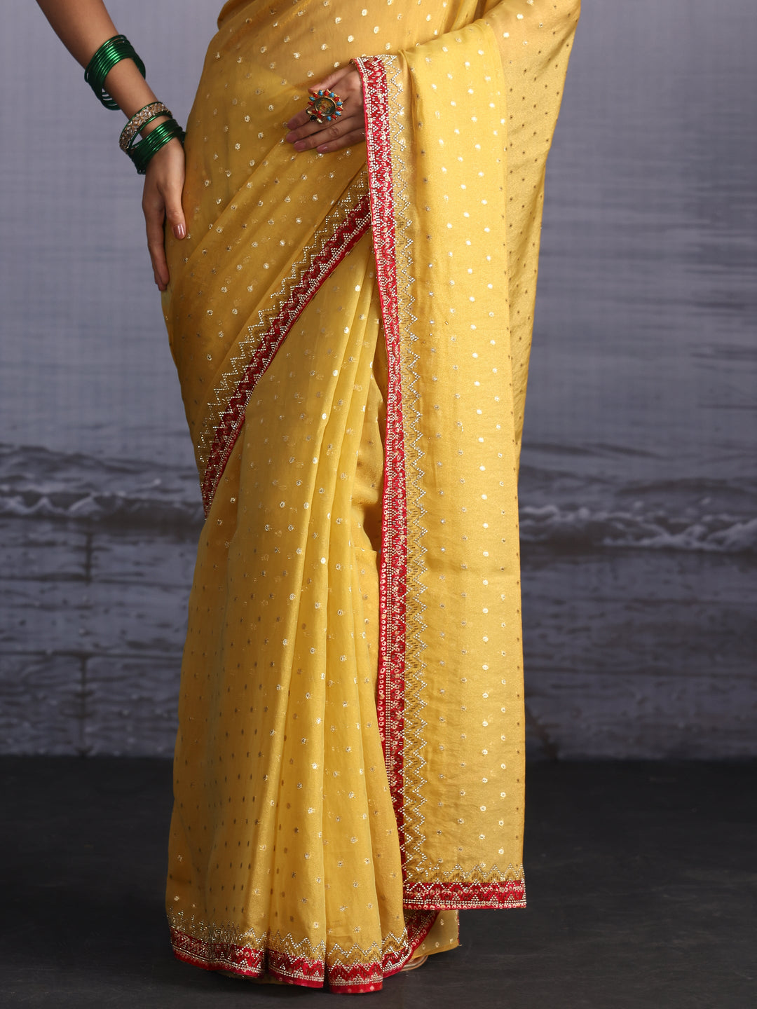  Libas Mustard and Pink Woven Design Tissue Saree with Embellished Border 