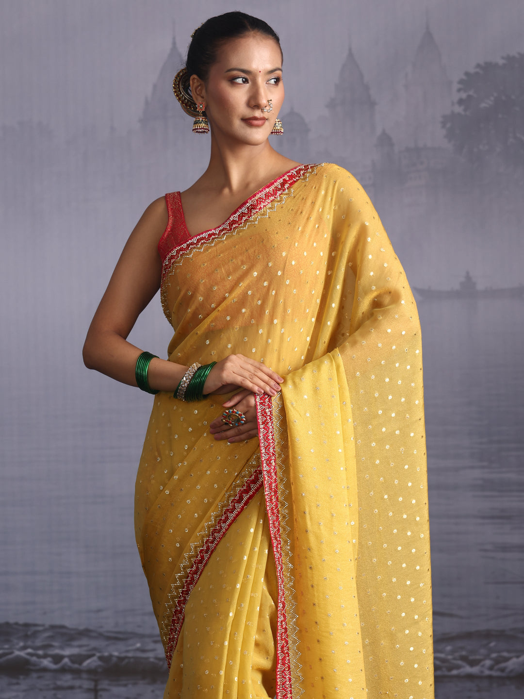  Libas Mustard and Pink Woven Design Tissue Saree with Embellished Border 