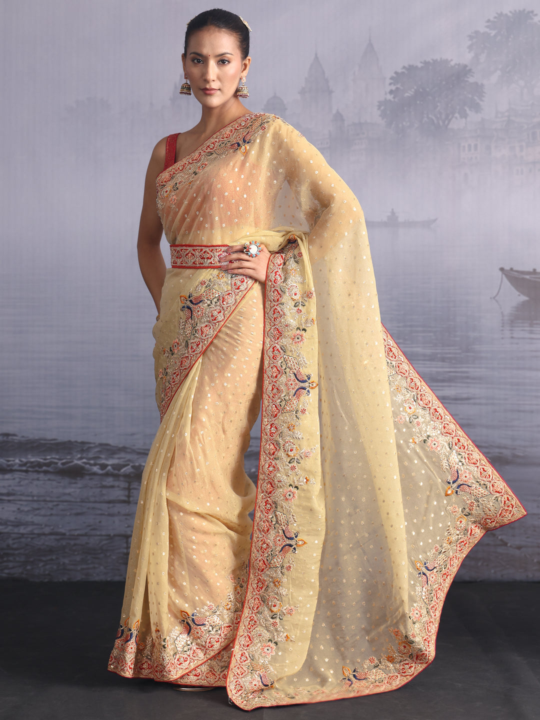  Libas Green Woven Design Tissue Saree with Embroidered Border 