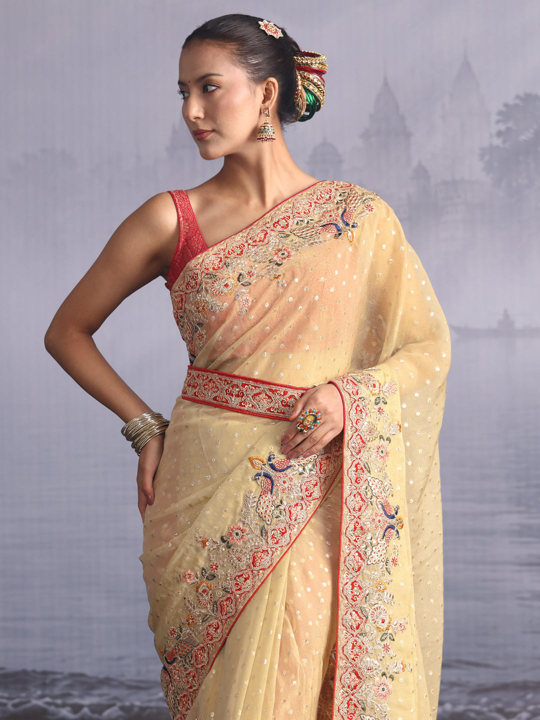  Libas Green Woven Design Tissue Saree with Embroidered Border 