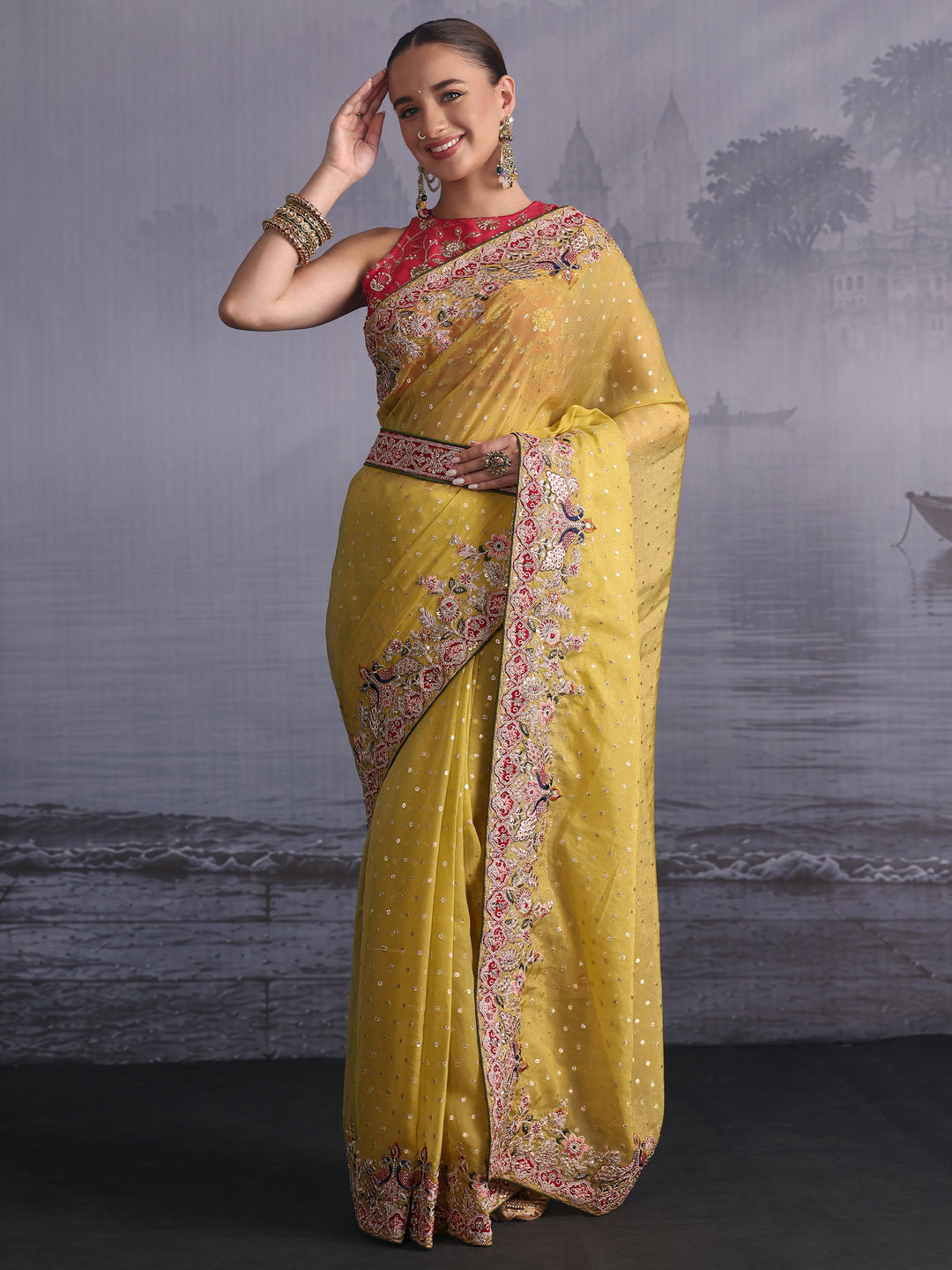  Libas Mustard Woven Design Tissue Saree with Embroidered Border 