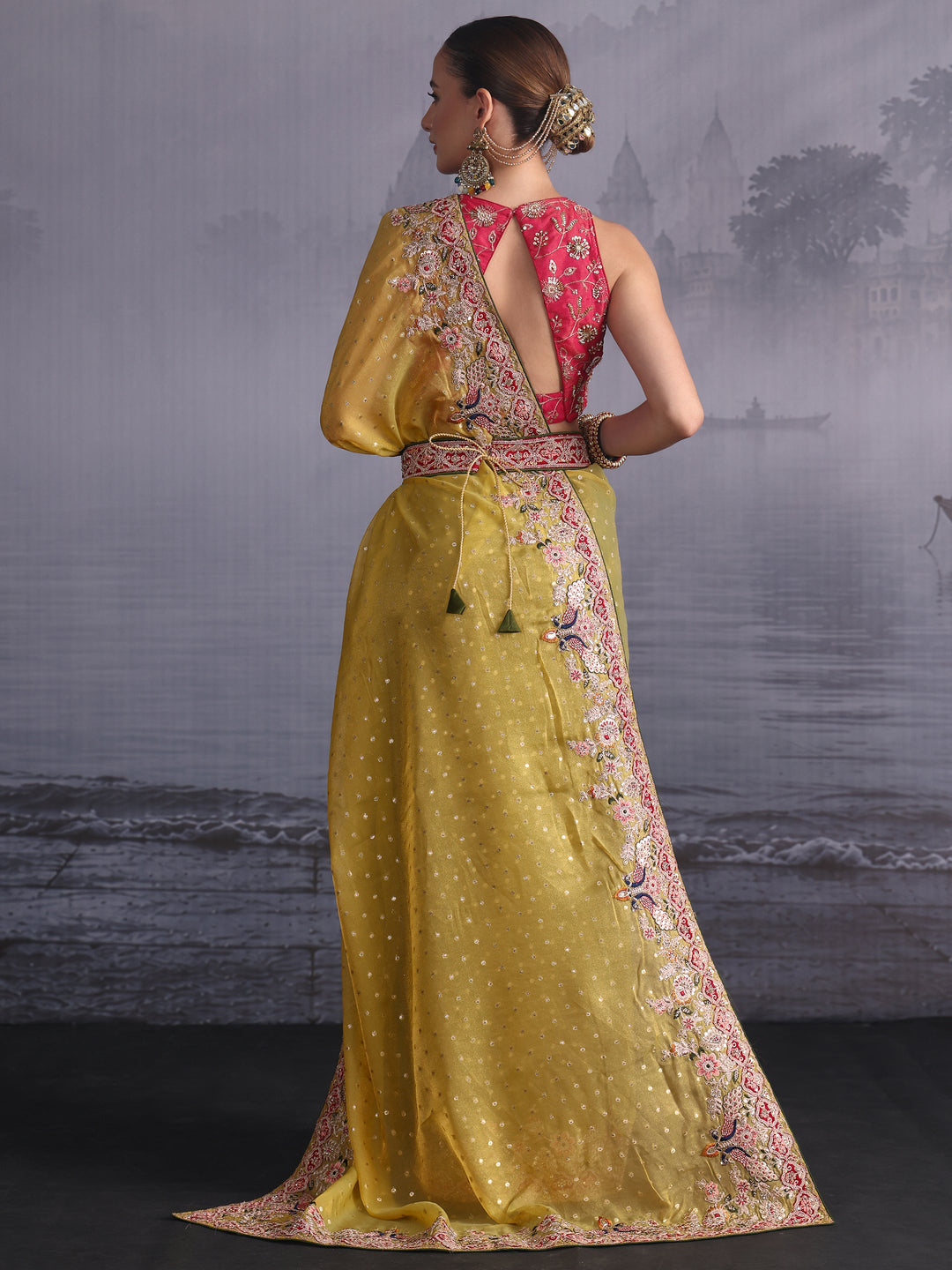  Libas Mustard Woven Design Tissue Saree with Embroidered Border 