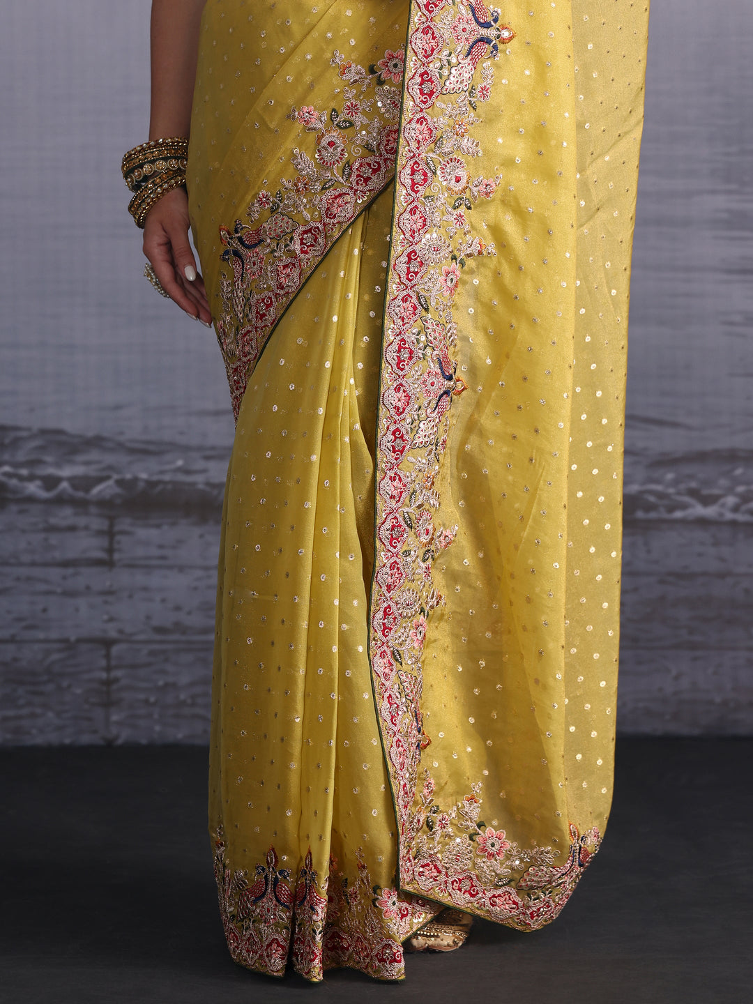  Libas Mustard Woven Design Tissue Saree with Embroidered Border 