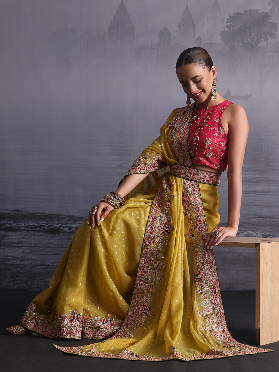  Libas Mustard Woven Design Tissue Saree with Embroidered Border 