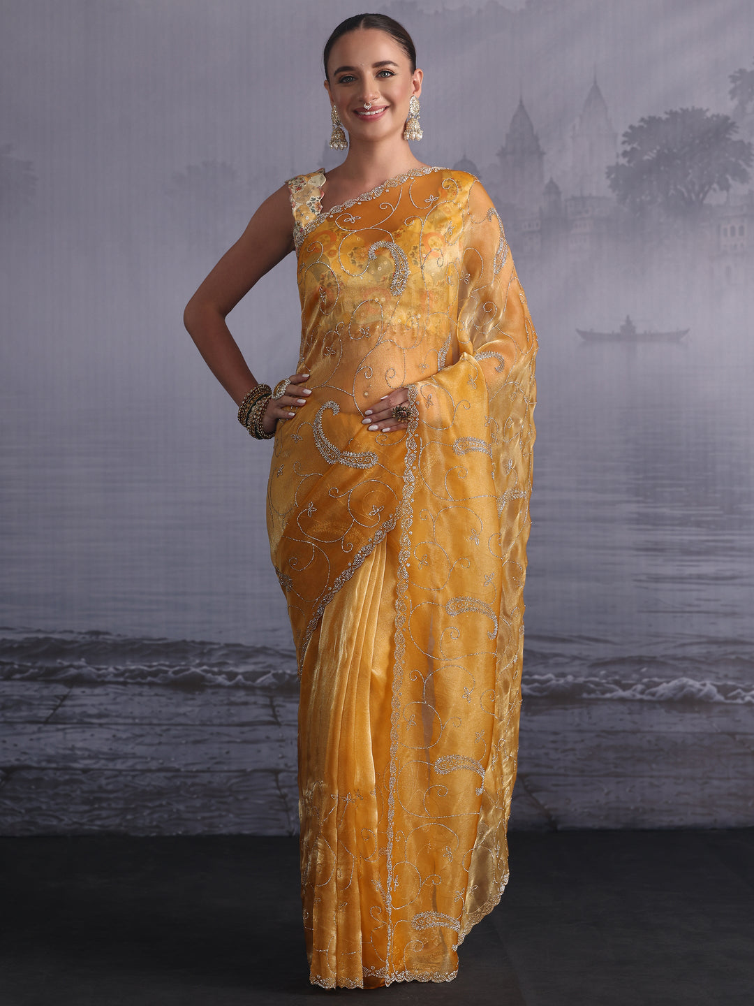  Libas Mustard Paisley Stone Work Embellished Tissue Saree 