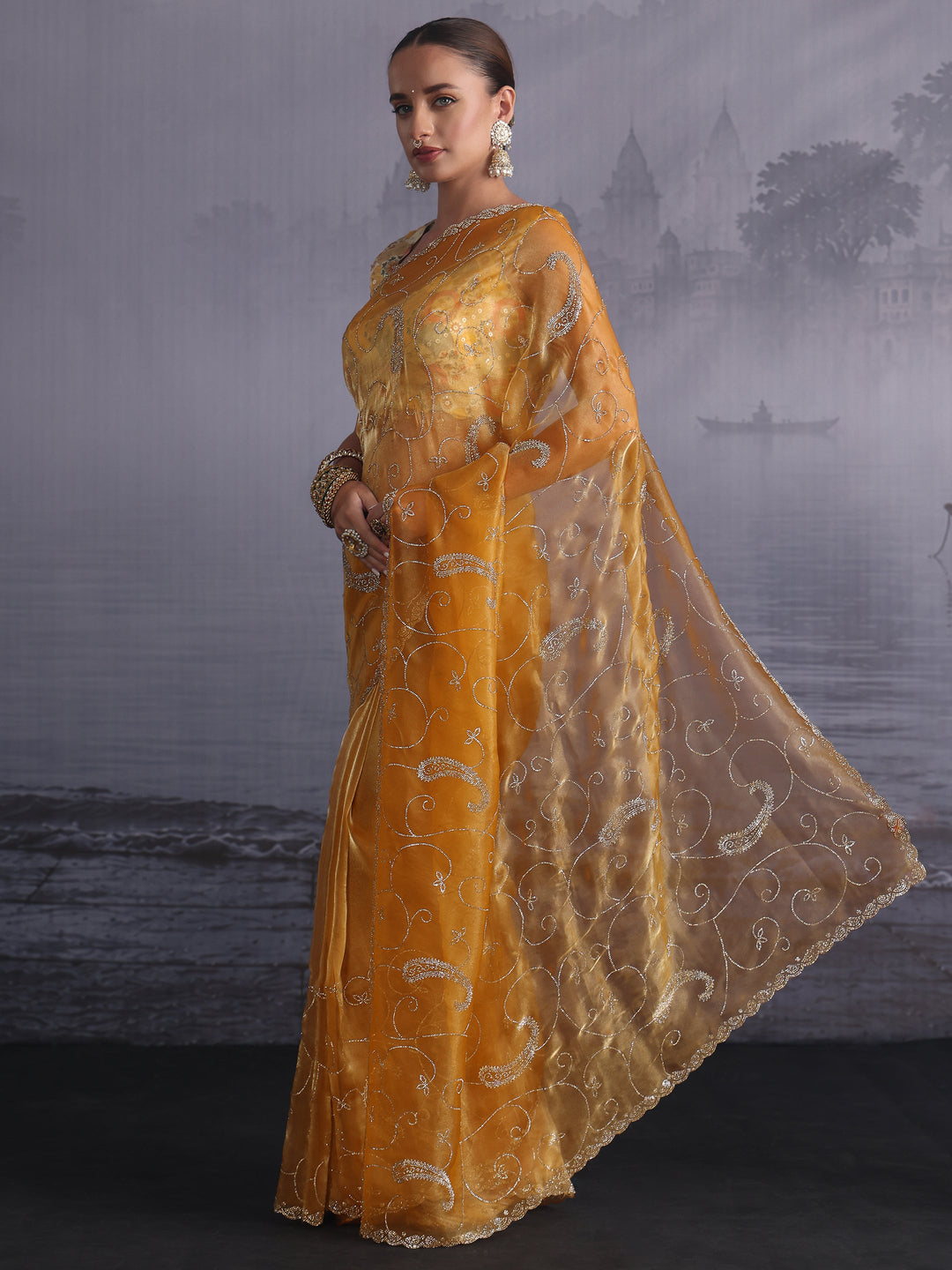  Libas Mustard Paisley Stone Work Embellished Tissue Saree 