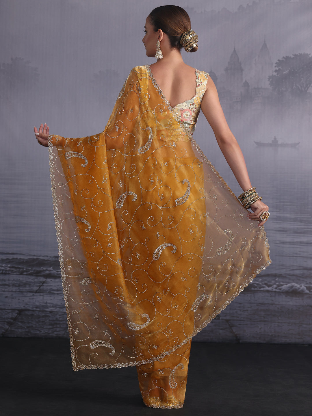  Libas Mustard Paisley Stone Work Embellished Tissue Saree 