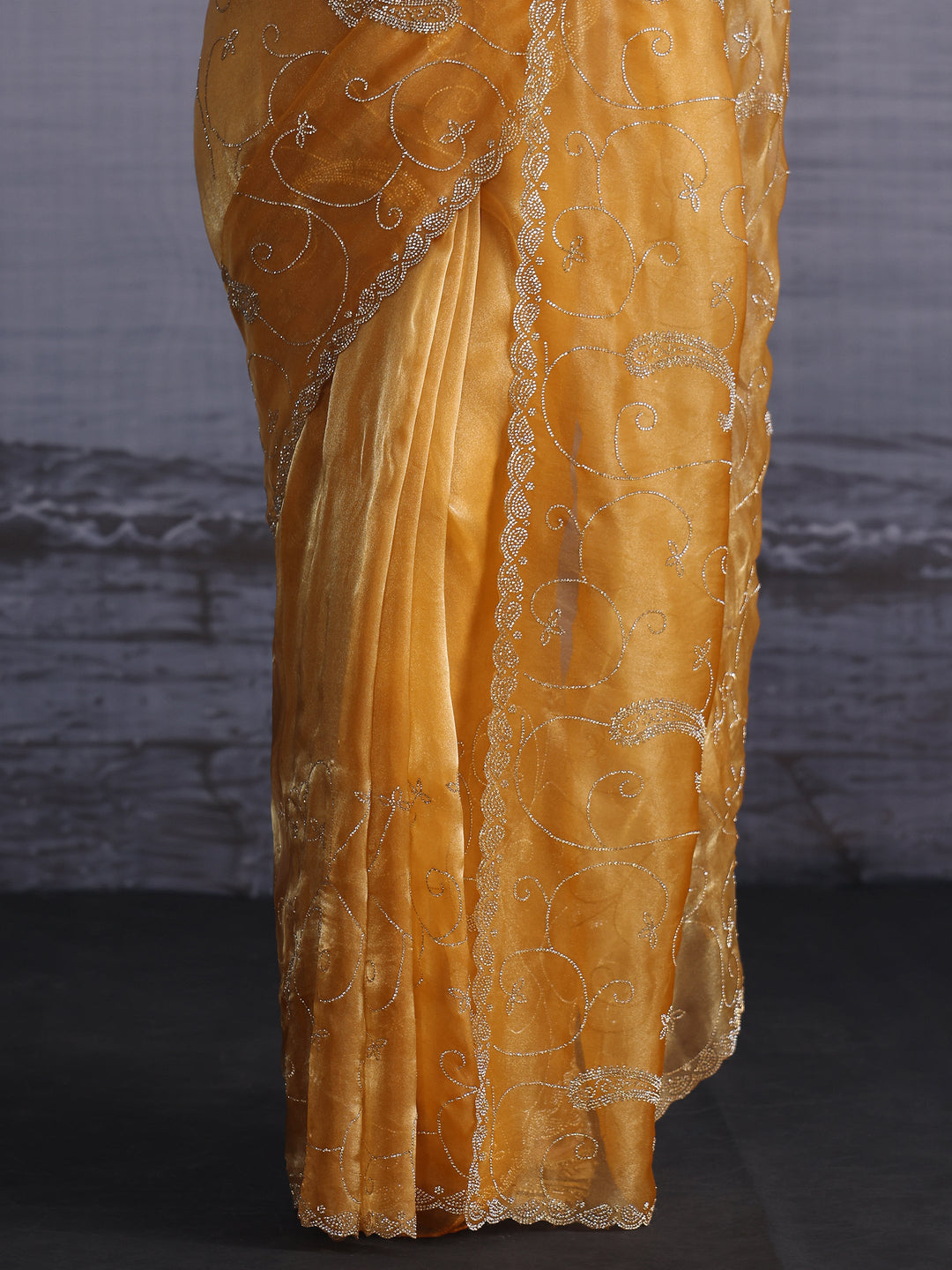  Libas Mustard Paisley Stone Work Embellished Tissue Saree 