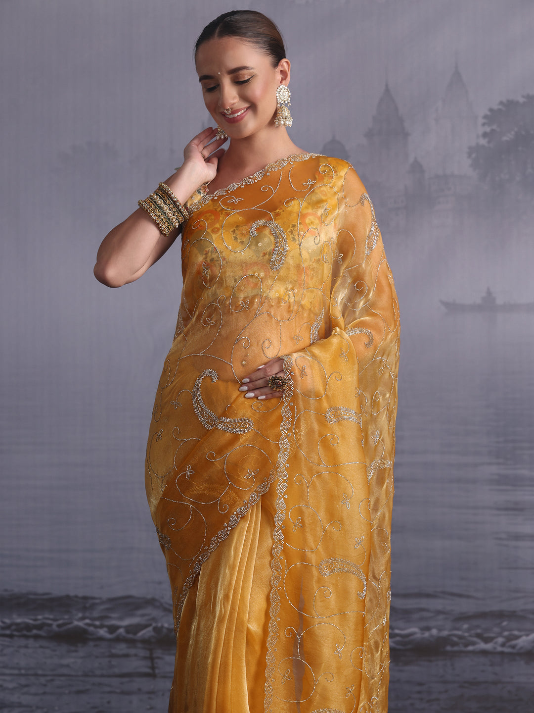  Libas Mustard Paisley Stone Work Embellished Tissue Saree 