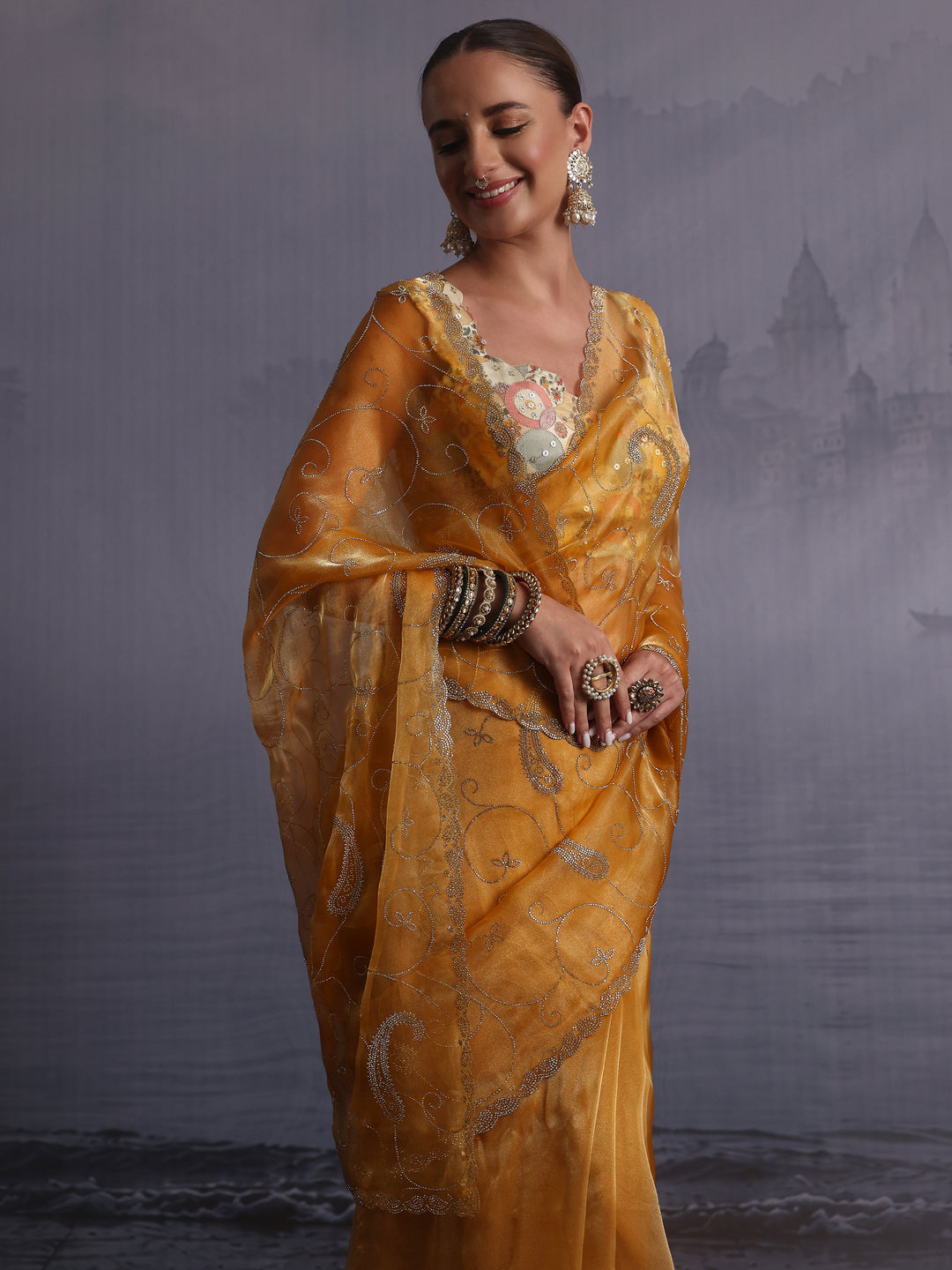  Libas Mustard Paisley Stone Work Embellished Tissue Saree 