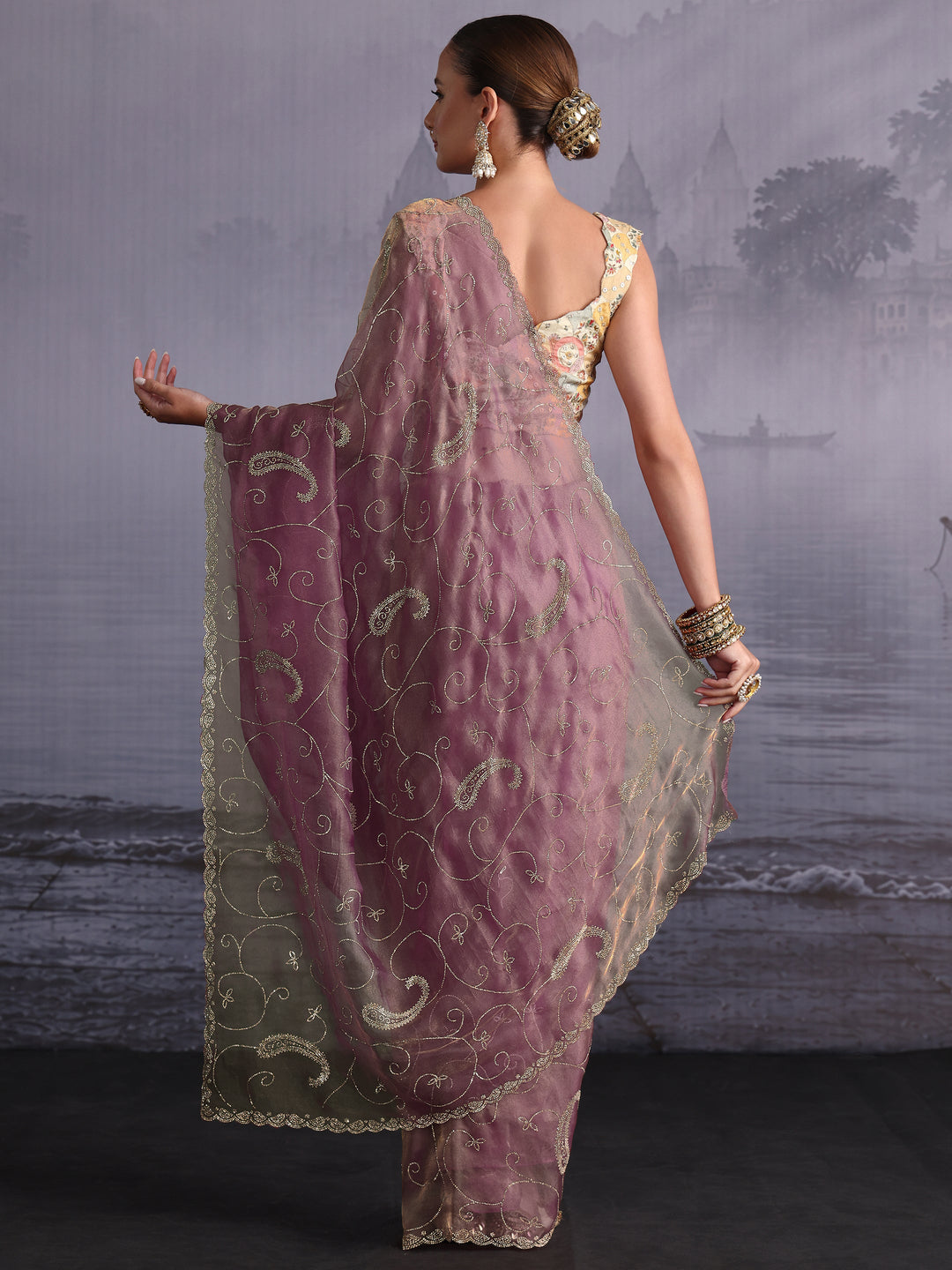  Libas Purple Paisley Stone Work Embellished Tissue Saree 