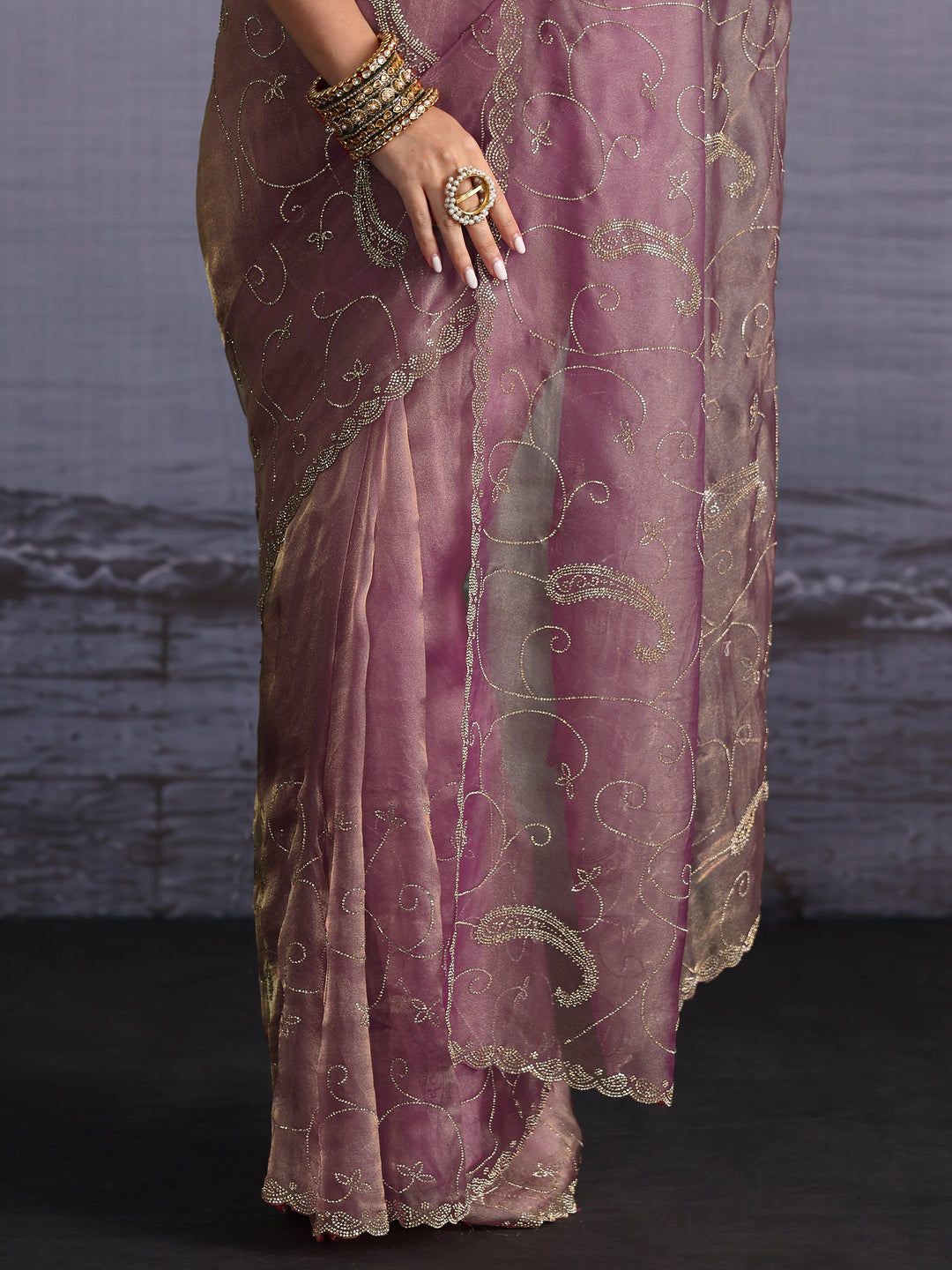  Libas Purple Paisley Stone Work Embellished Tissue Saree 