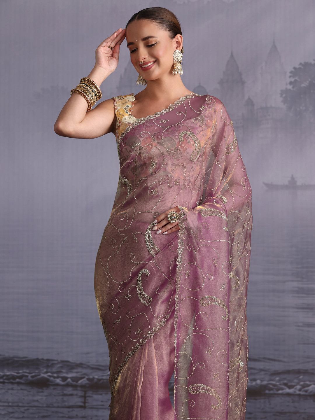  Libas Purple Paisley Stone Work Embellished Tissue Saree 