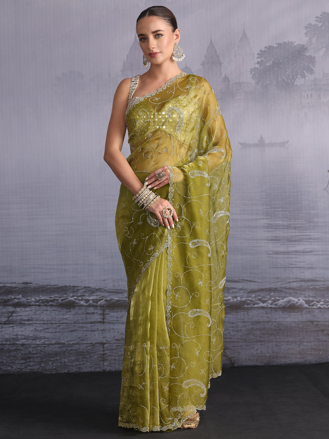 Libas Mehendi Green Paisley Stone Work Embellished Tissue Saree 