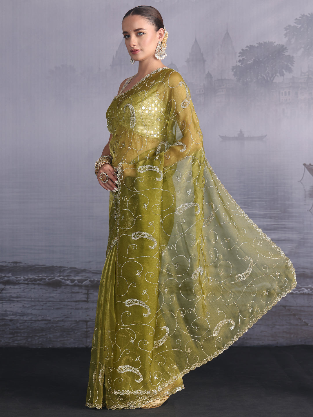  Libas Mehendi Green Paisley Stone Work Embellished Tissue Saree 