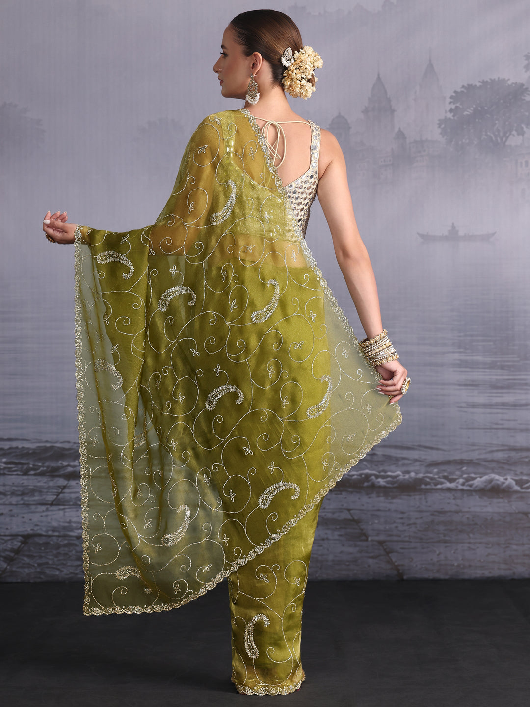  Libas Mehendi Green Paisley Stone Work Embellished Tissue Saree 