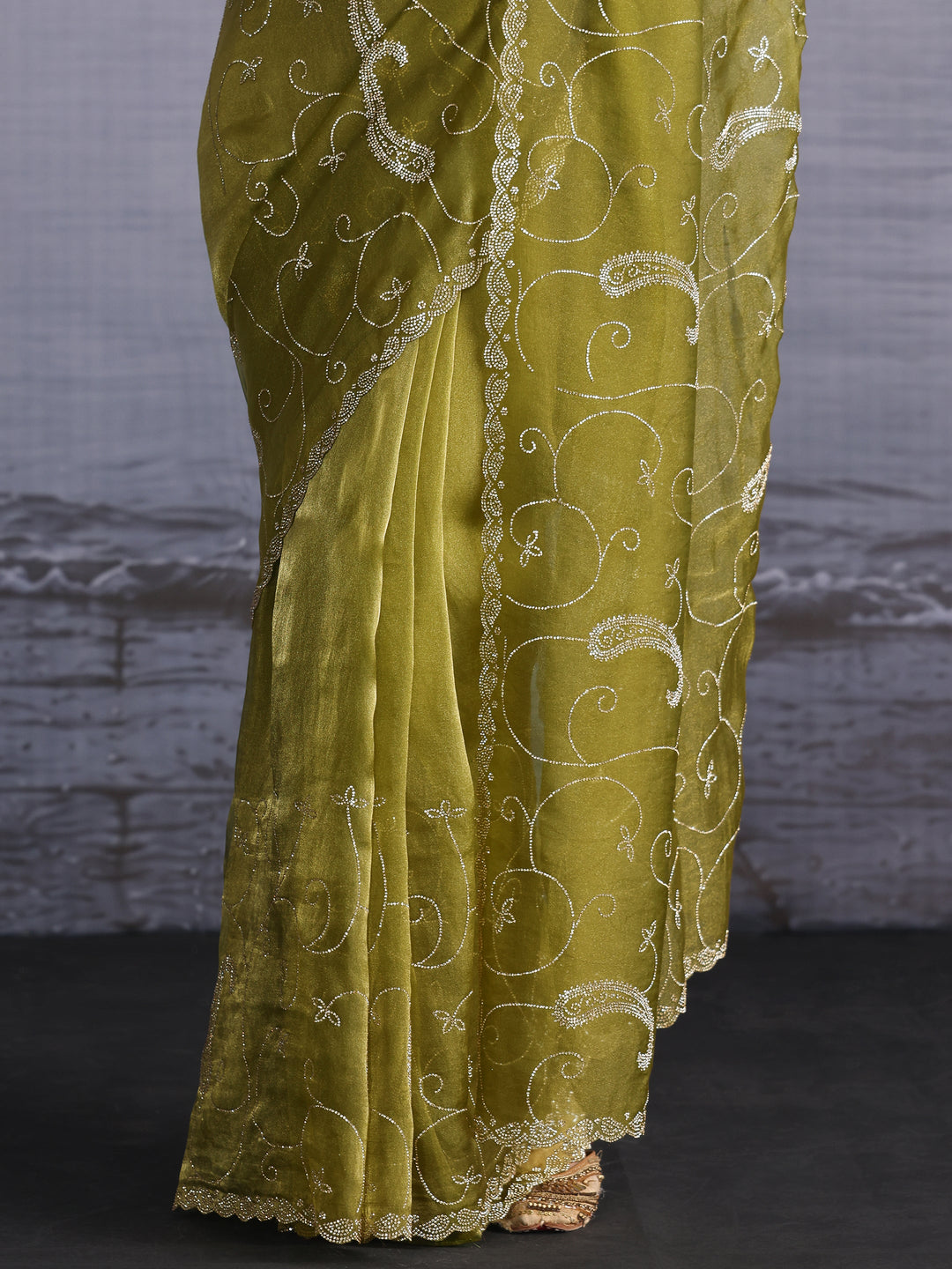  Libas Mehendi Green Paisley Stone Work Embellished Tissue Saree 