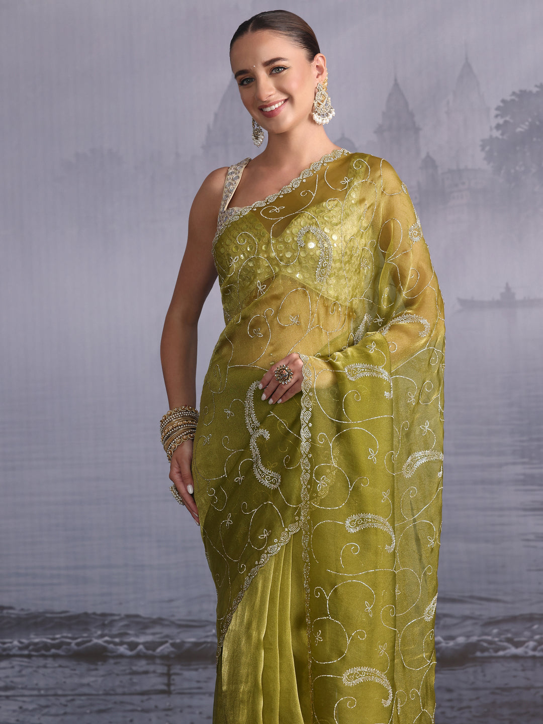  Libas Mehendi Green Paisley Stone Work Embellished Tissue Saree 