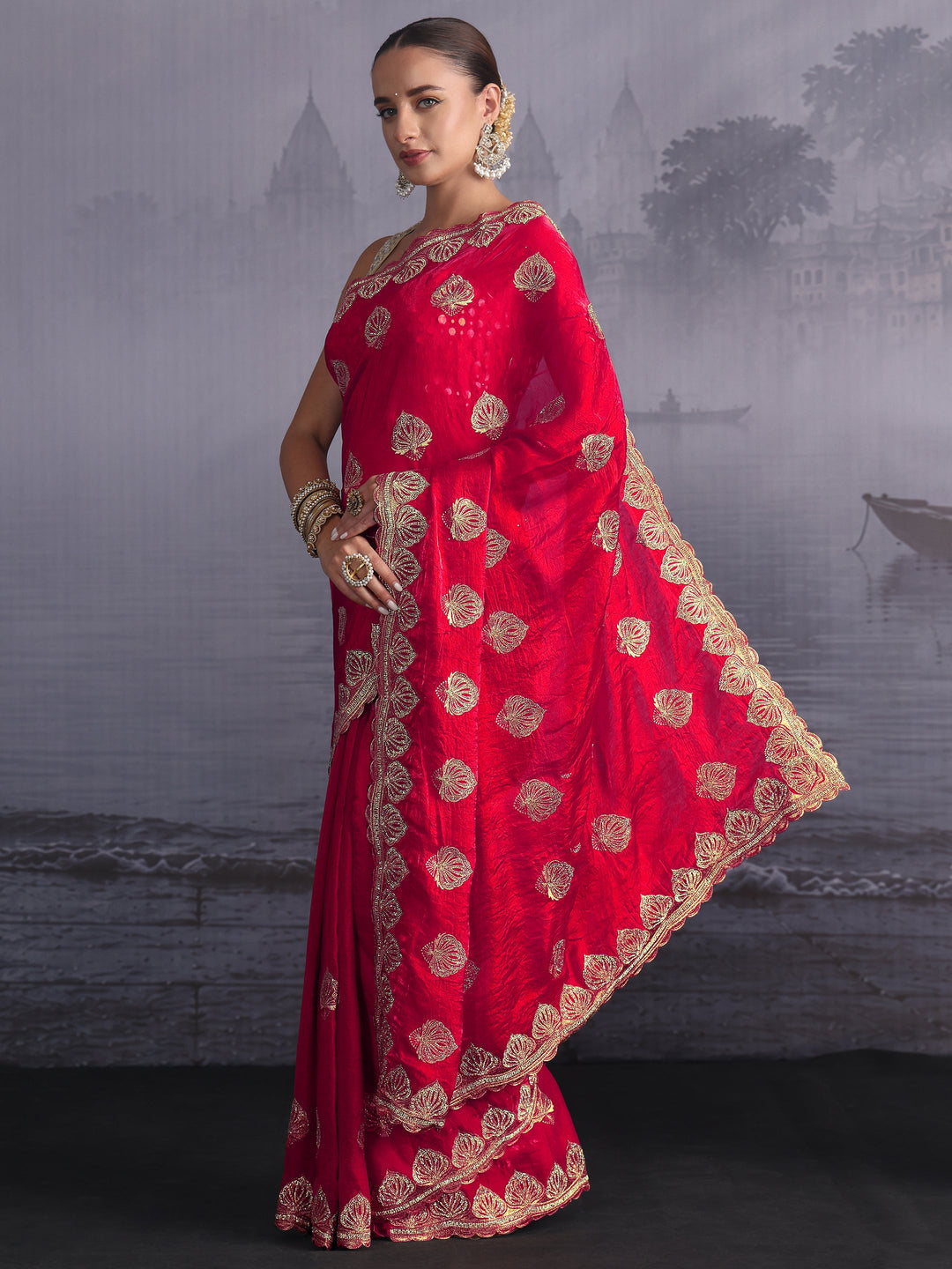  Libas Rani Pink Ethnic Embroidered Stone Work Tissue Saree 