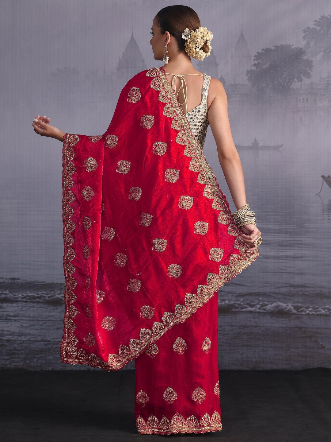  Libas Rani Pink Ethnic Embroidered Stone Work Tissue Saree 