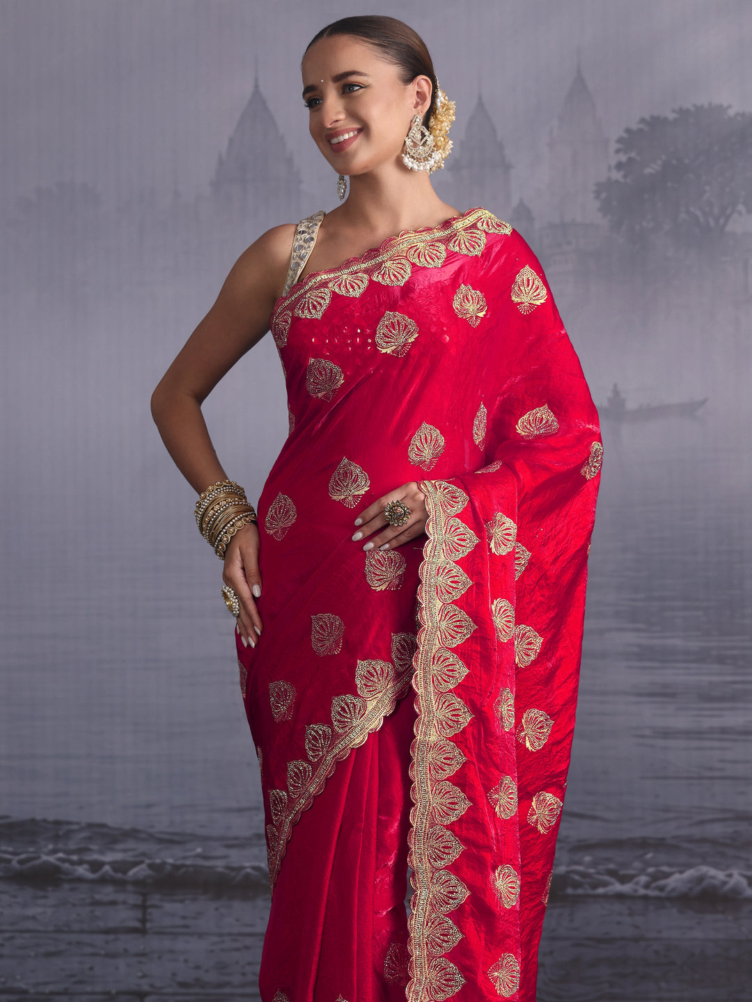  Libas Rani Pink Ethnic Embroidered Stone Work Tissue Saree 
