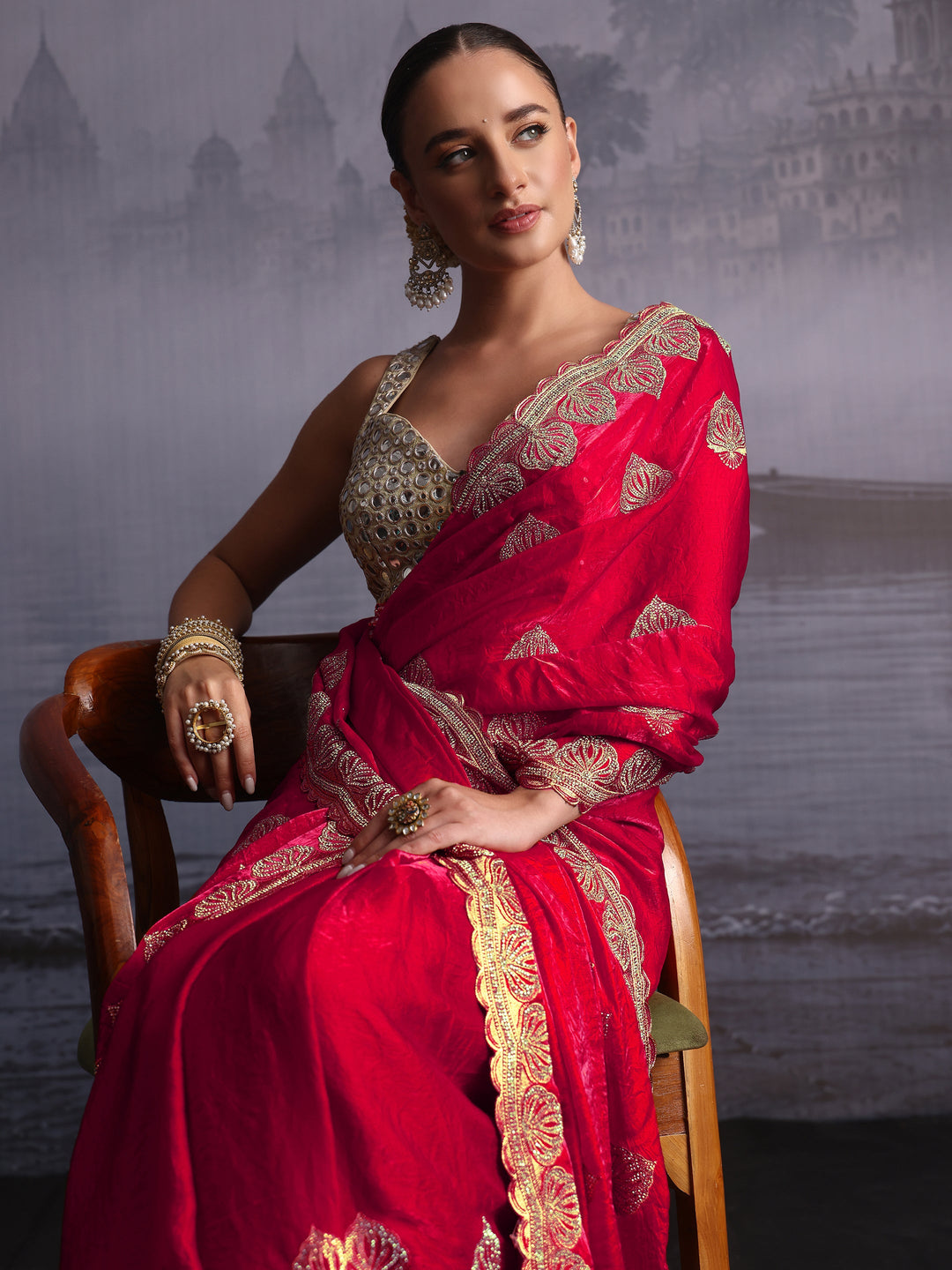  Libas Rani Pink Ethnic Embroidered Stone Work Tissue Saree 