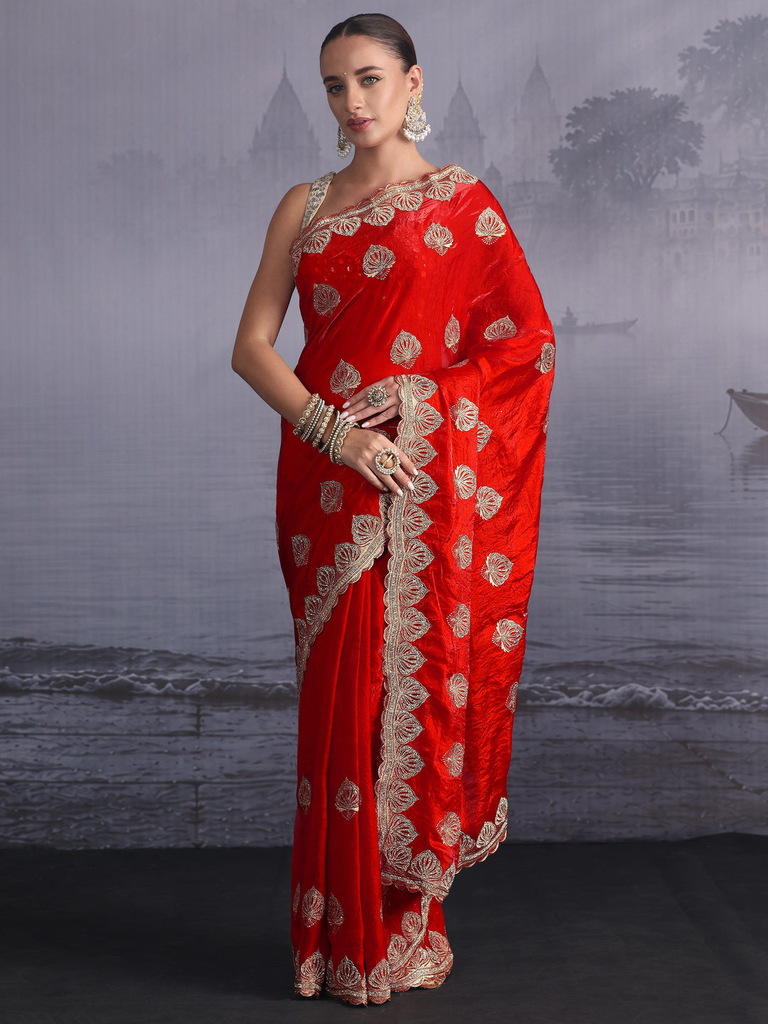  Libas Vermilion Red Ethnic Embroidered Stone Work Tissue Saree 