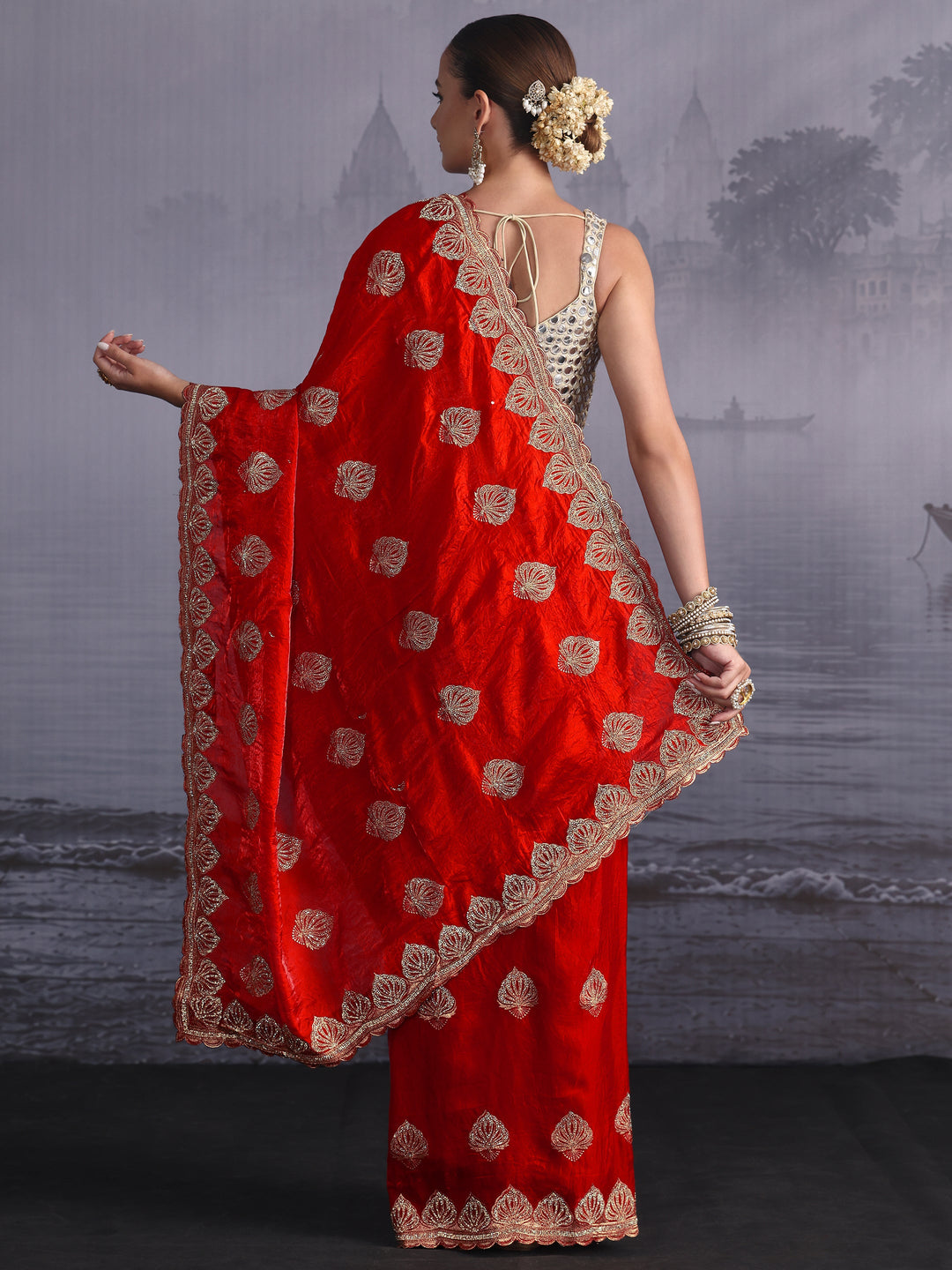  Libas Vermilion Red Ethnic Embroidered Stone Work Tissue Saree 