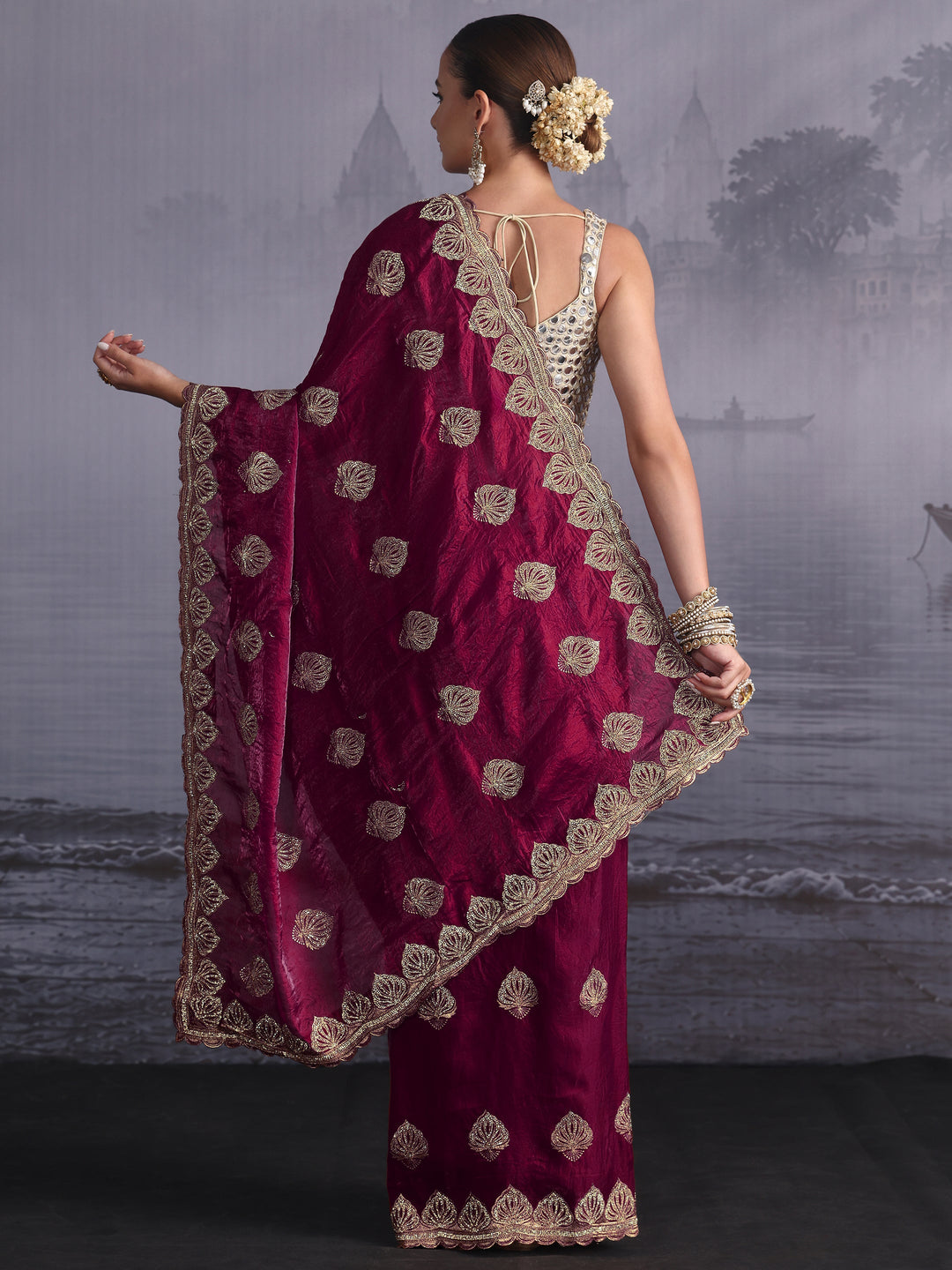  Libas Burgundy Ethnic Embroidered Stone Work Tissue Saree 