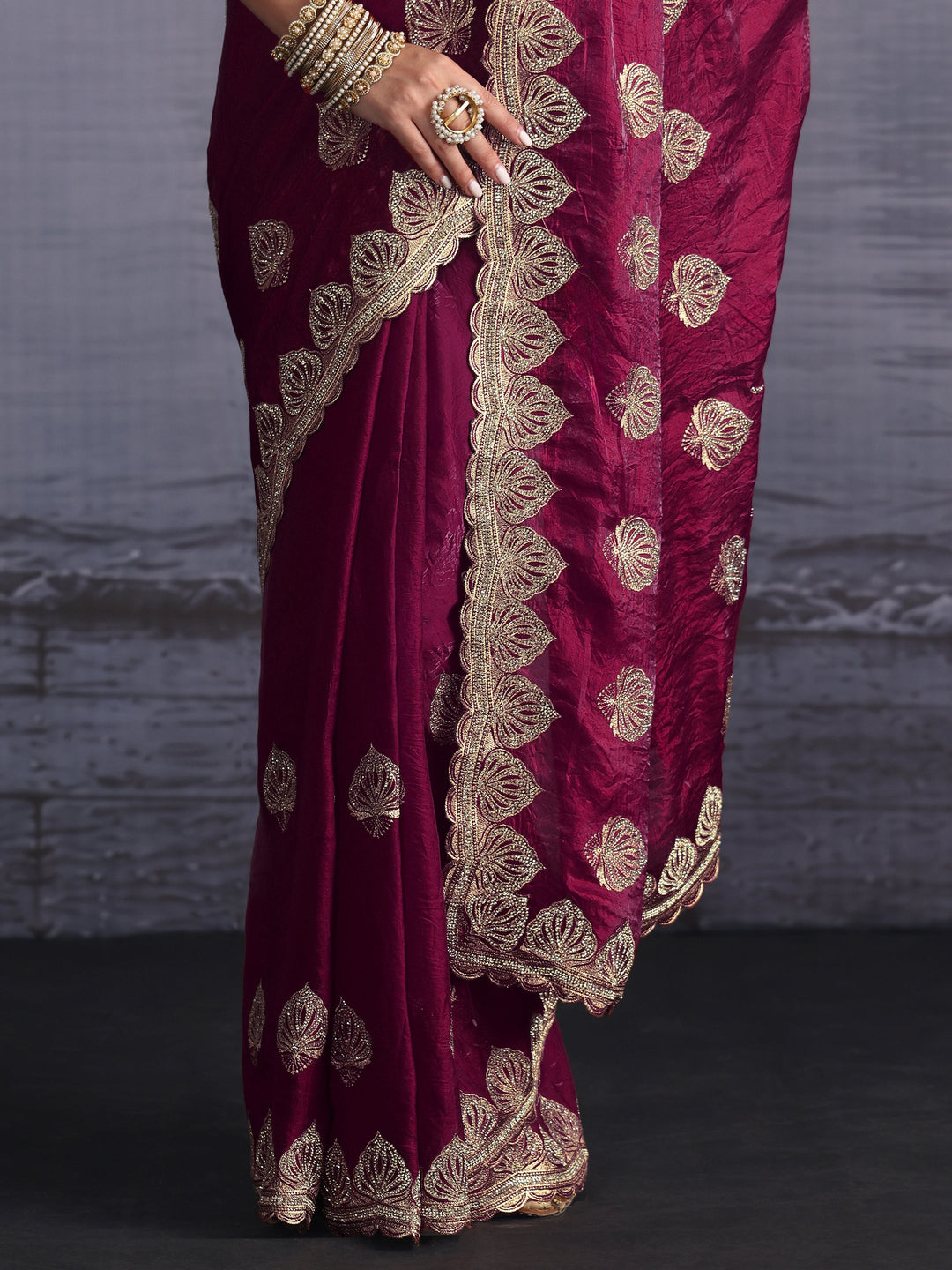  Libas Burgundy Ethnic Embroidered Stone Work Tissue Saree 