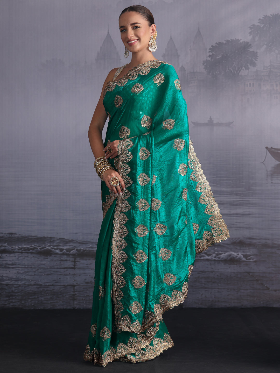  Libas Sea Green Ethnic Embroidered Stone Work Tissue Saree 