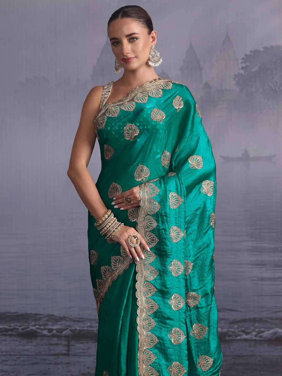 Libas Sea Green Ethnic Embroidered Stone Work Tissue Saree 