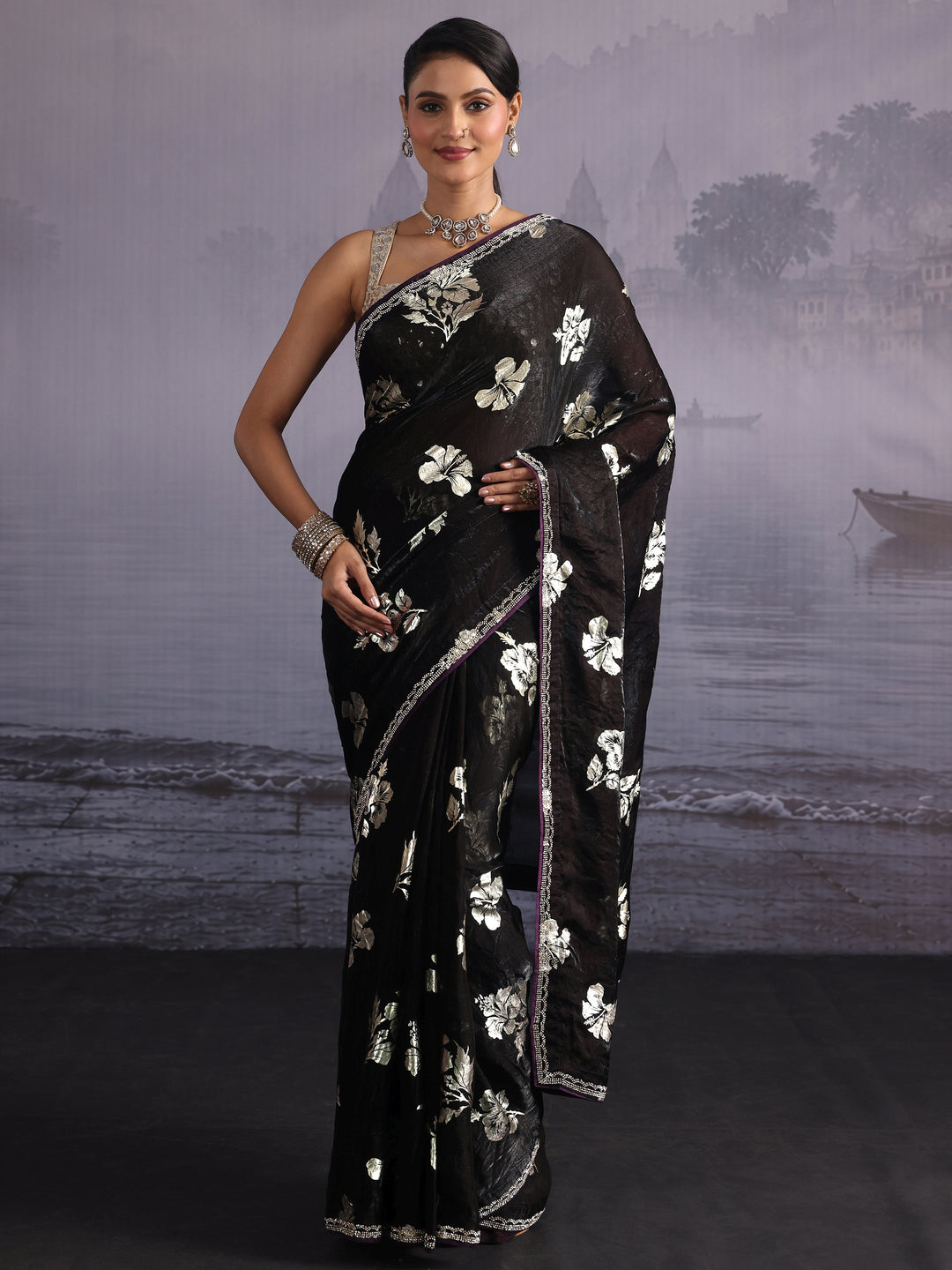  Libas Black Floral Foil Printed Tissue Saree with Embellished Border 
