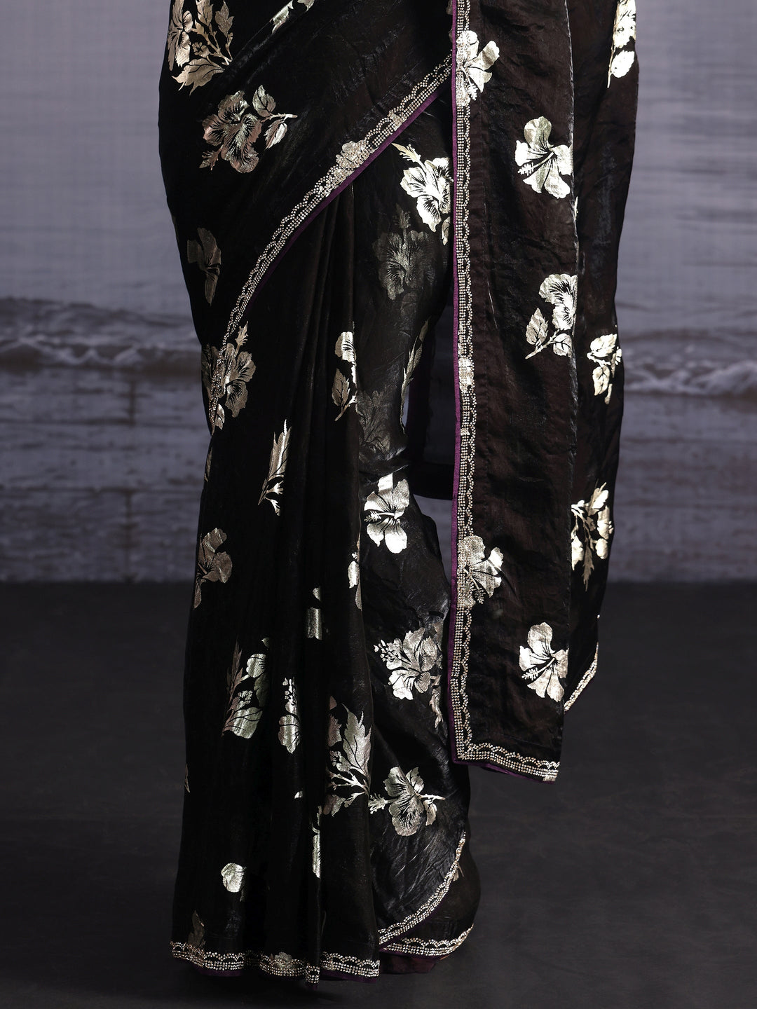  Libas Black Floral Foil Printed Tissue Saree with Embellished Border 