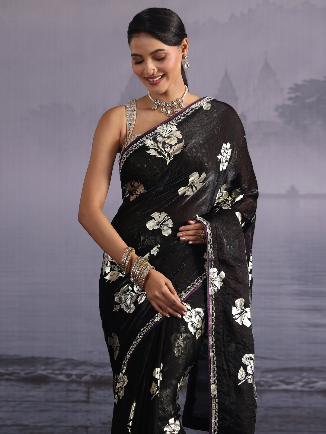  Libas Black Floral Foil Printed Tissue Saree with Embellished Border 