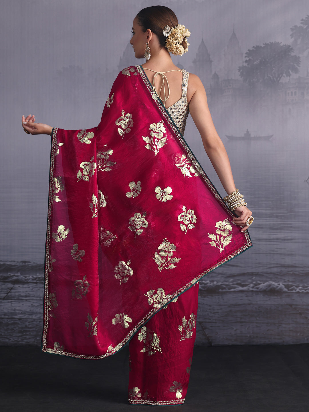  Libas Magenta Pink Floral Printed Tissue Saree with Embellished Border 